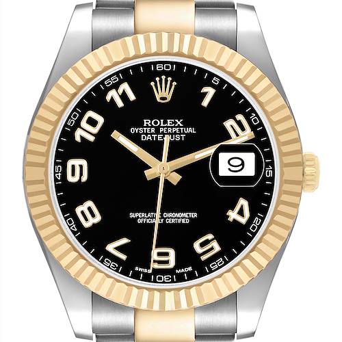 The image shows a front view of the Rolex Datejust 41 116333 Men's Steel and Gold (two tone) Black Dial, highlighting the bezel, dial, and bracelet.