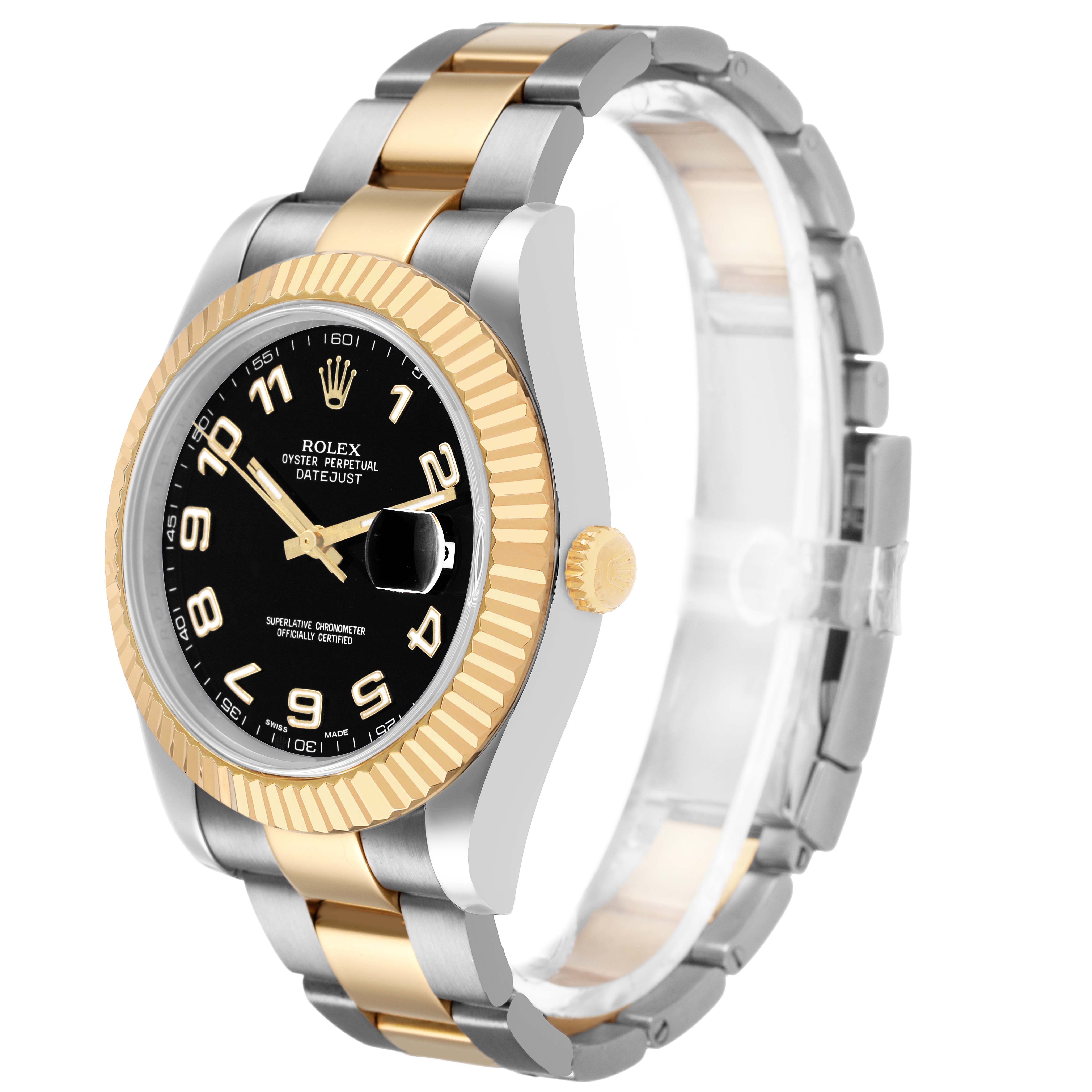 The Rolex Datejust 41 116333 Men's Steel and Gold (two tone) Black Dial is shown at a three-quarter angle displaying the face, bezel, crown, and bracelet.