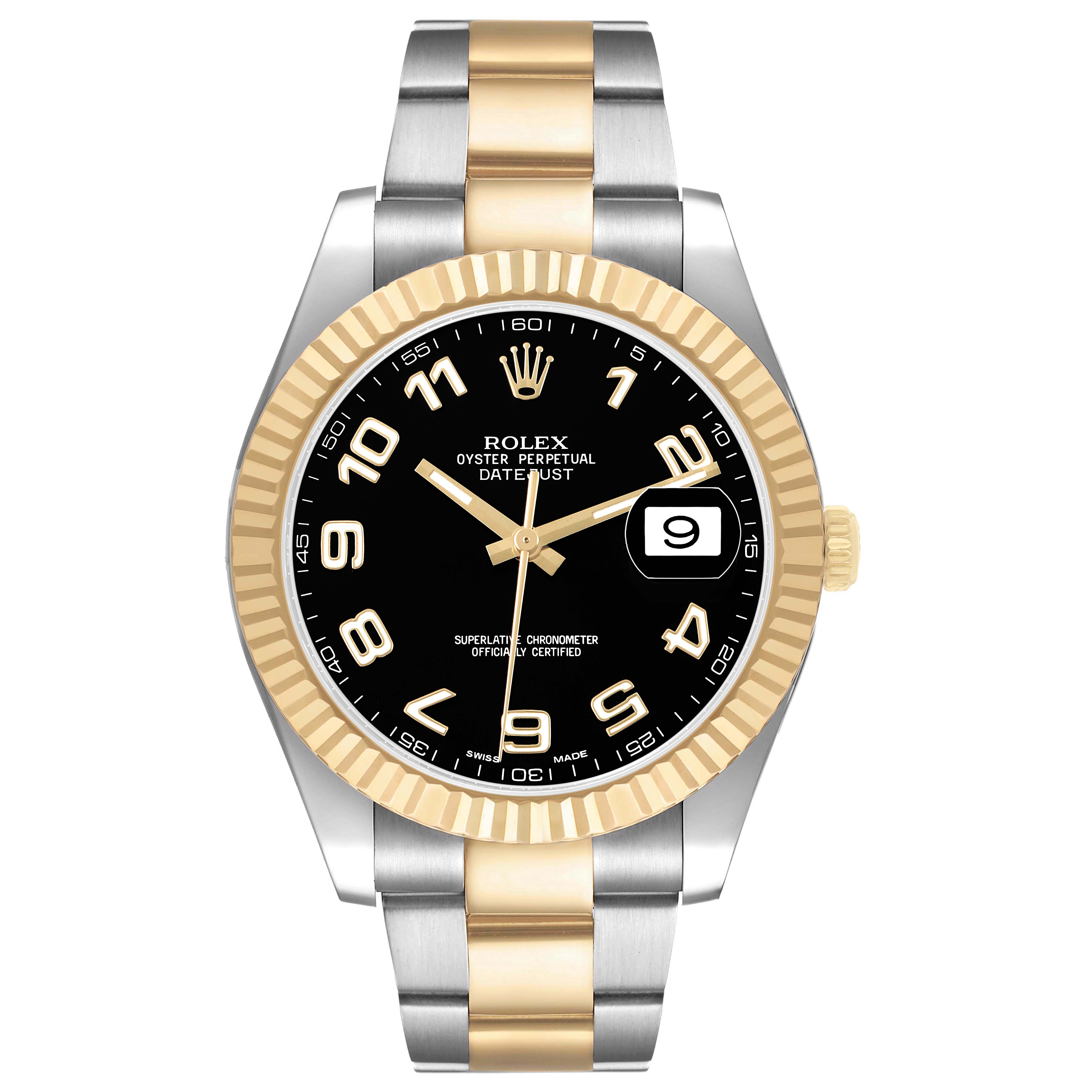The image shows a front view of the Rolex Datejust 41 116333 Men's Steel and Gold (two tone) Black Dial watch, displaying its black dial, gold bezel, and two-tone bracelet.