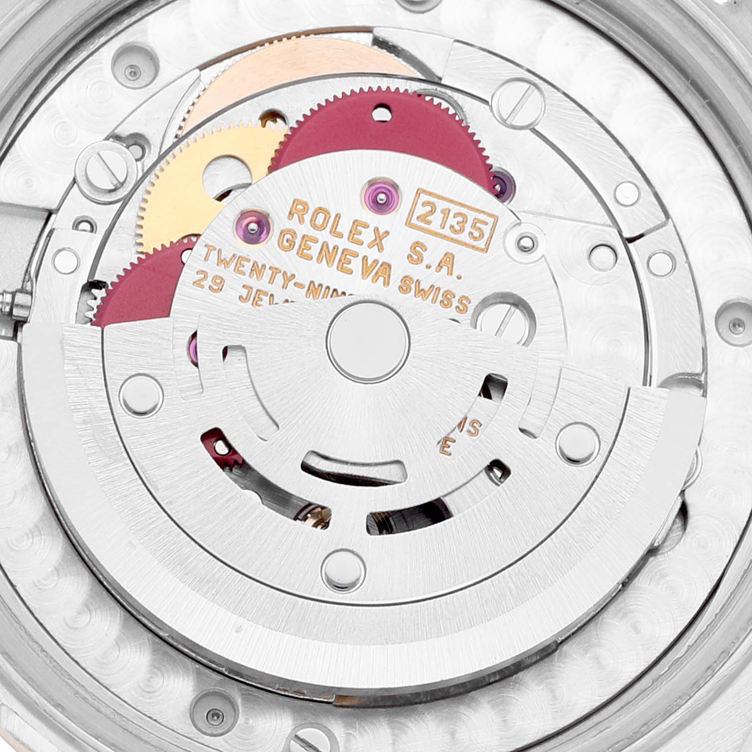 Close-up view of the Rolex Mid-Size 68273 Women
s Steel and Gold (two tone) White Dial 68273 Women
s Steel and Gold (two tone) White Dial model showcasing the intricate internal movement and gears.
