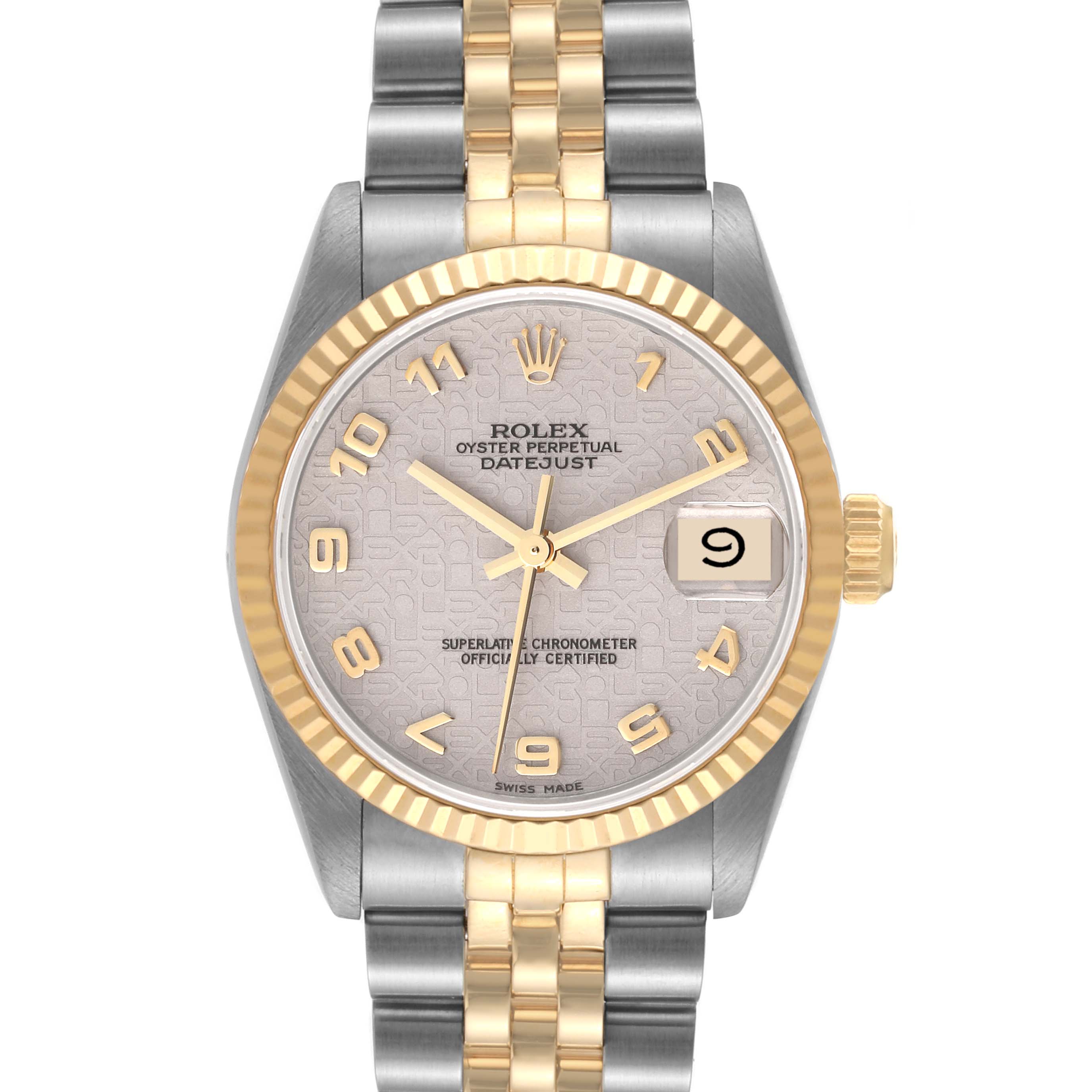 The image shows the face and bracelet of a Mid-Size Rolex Oyster Perpetual Datejust watch, viewed head-on.