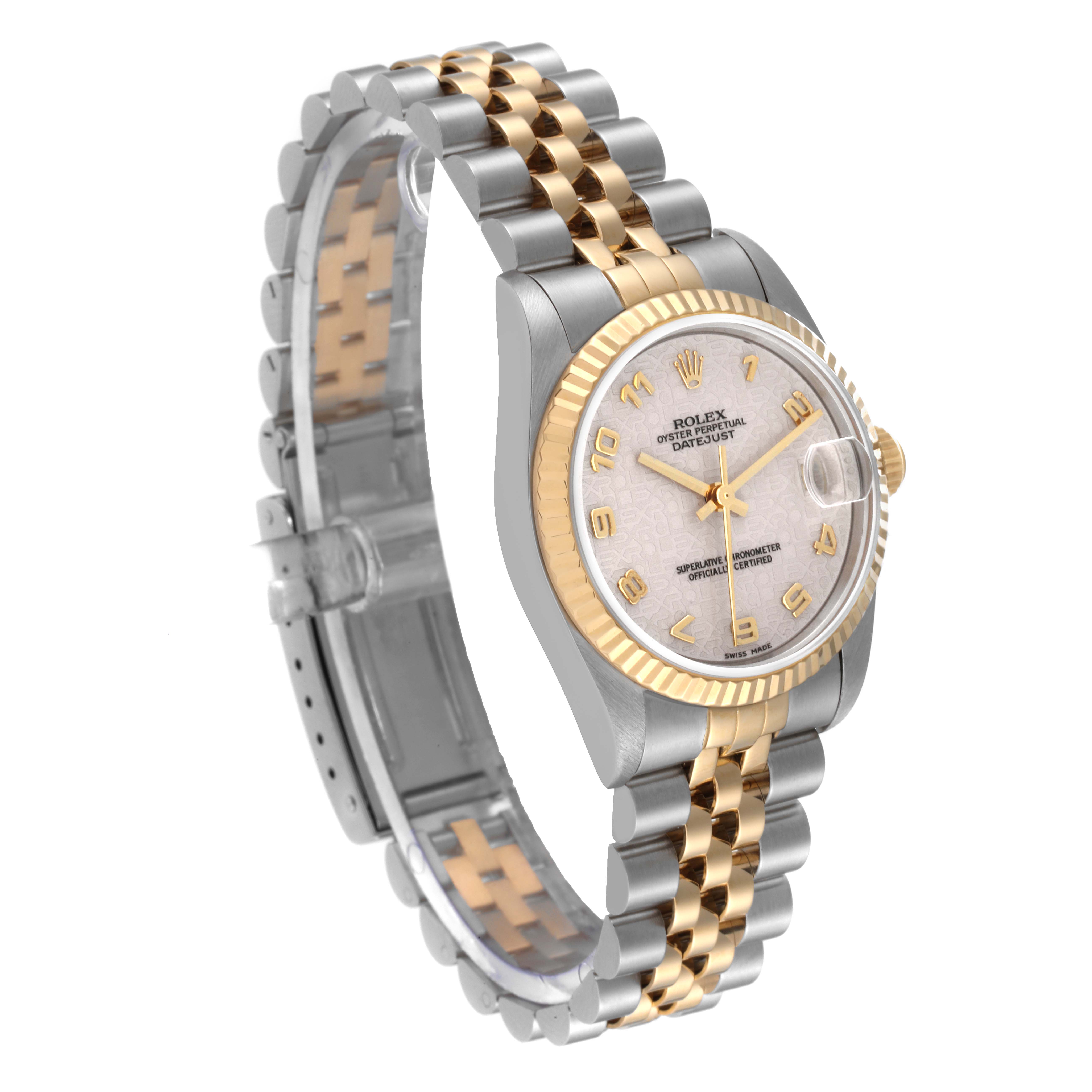 The Rolex Mid-Size 68273 Women
s Steel and Gold (two tone) White Dial 68273 Women
s Steel and Gold (two tone) White Dial watch is shown at a three-quarter angle, displaying the face, bezel, and bracelet.