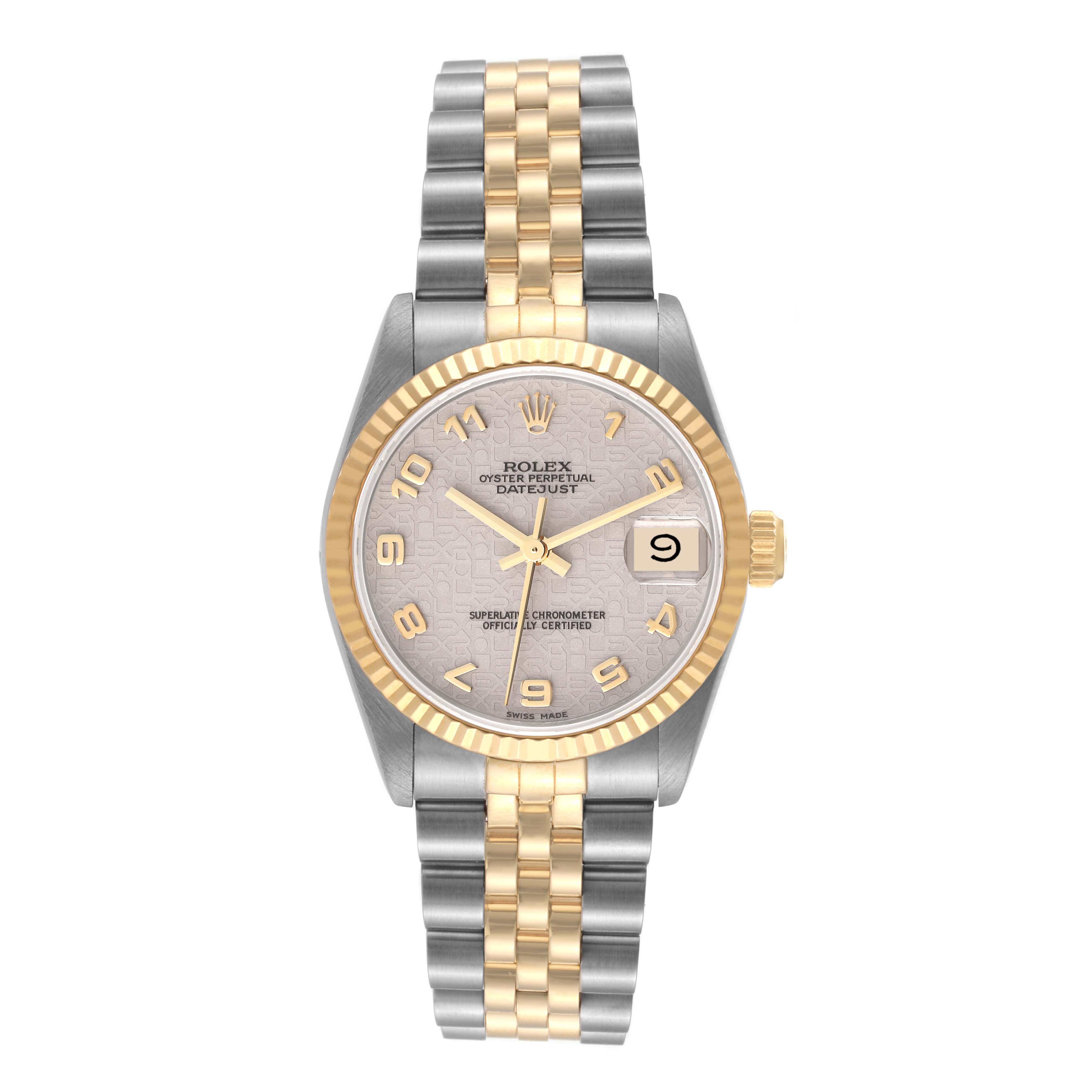 This Rolex Oyster Perpetual Datejust Mid-Size watch is shown from the front, displaying the dial, hands, bezel, and bracelet.
