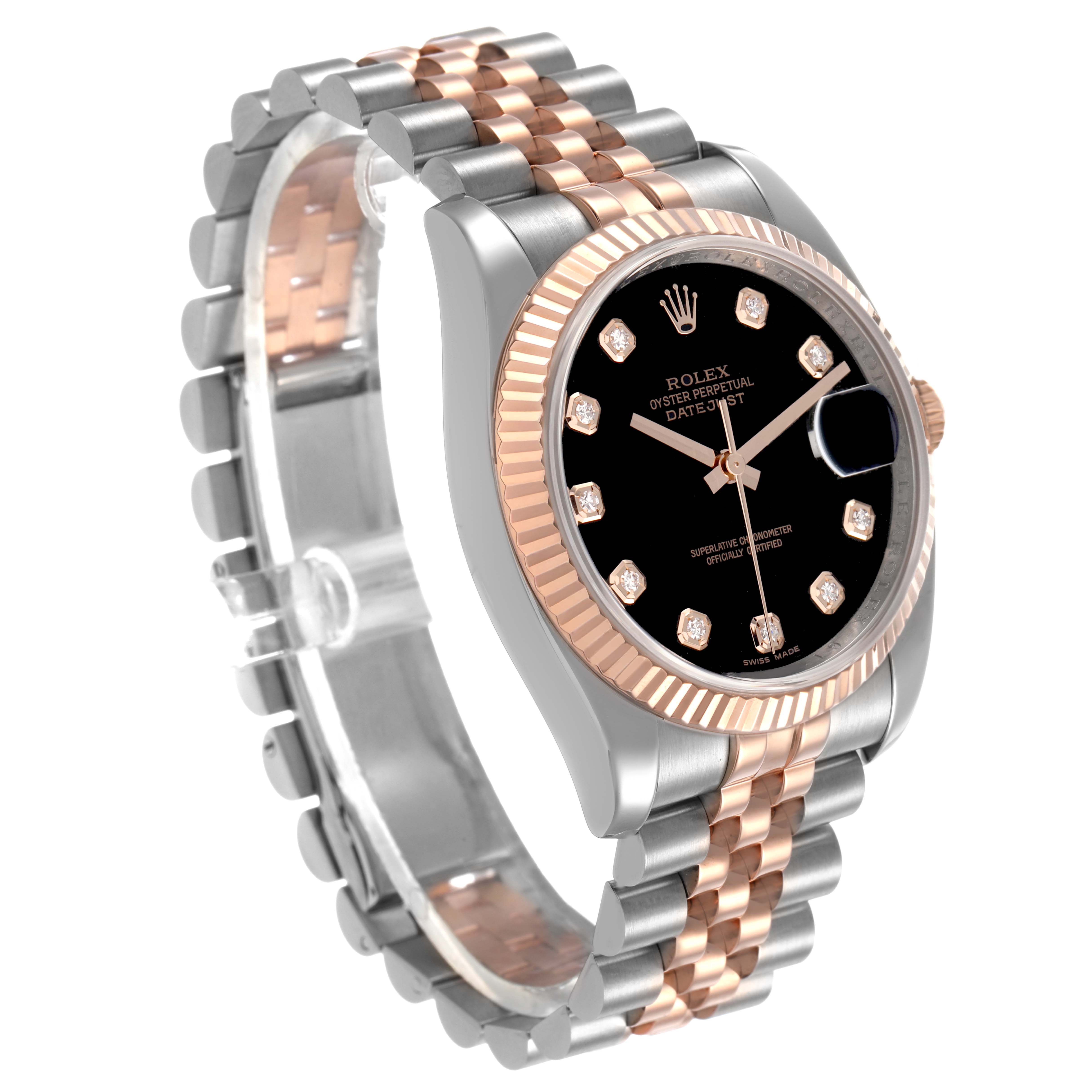 The Rolex Datejust 116231 Men's Steel and Gold (two tone) Black Dial watch is shown from an angled side view, highlighting the two-tone bracelet, fluted bezel, and black dial.