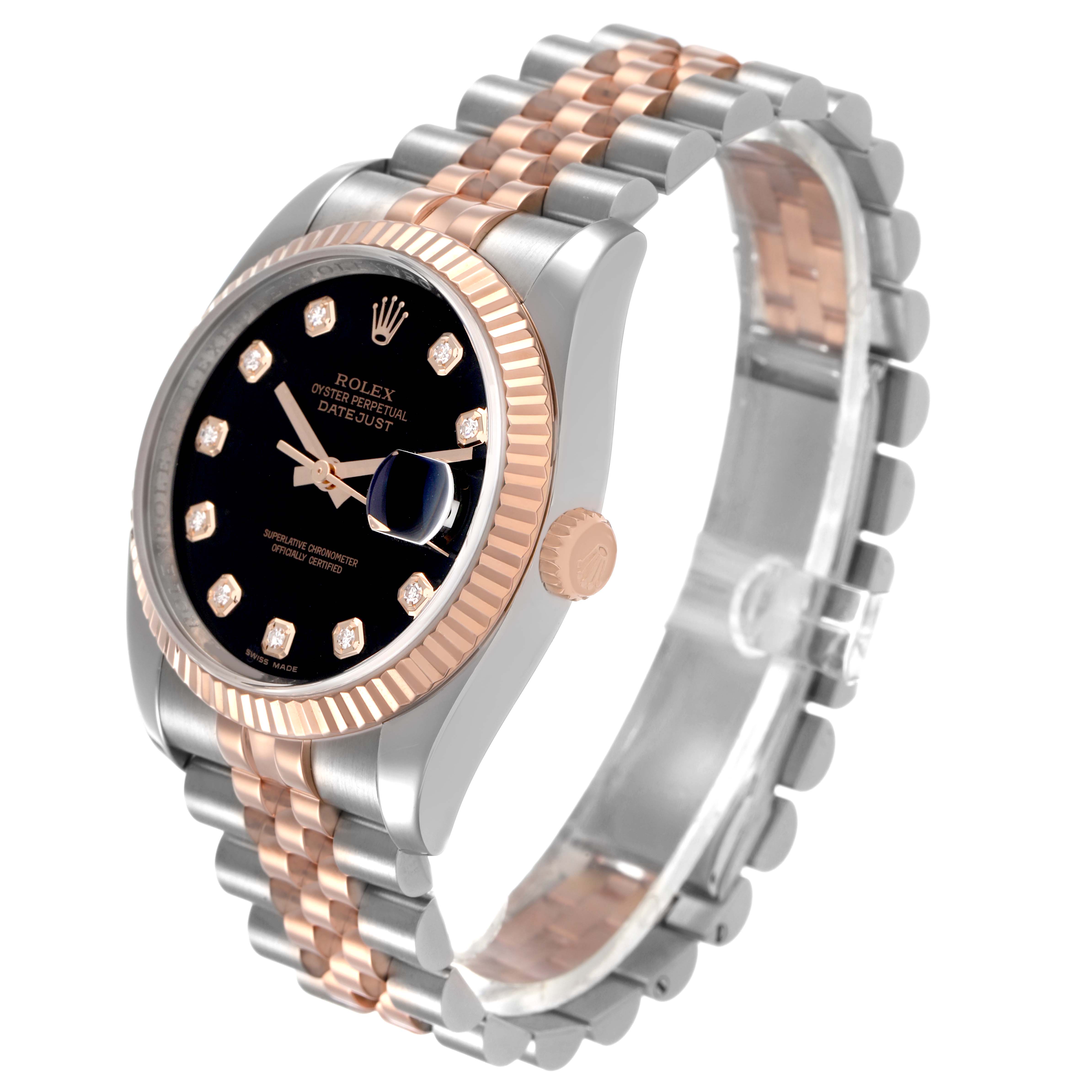 The Rolex Datejust 116231 Men's Steel and Gold (two tone) Black Dial is shown at a three-quarter angle, highlighting the bezel, dial, crown, and two-tone bracelet.
