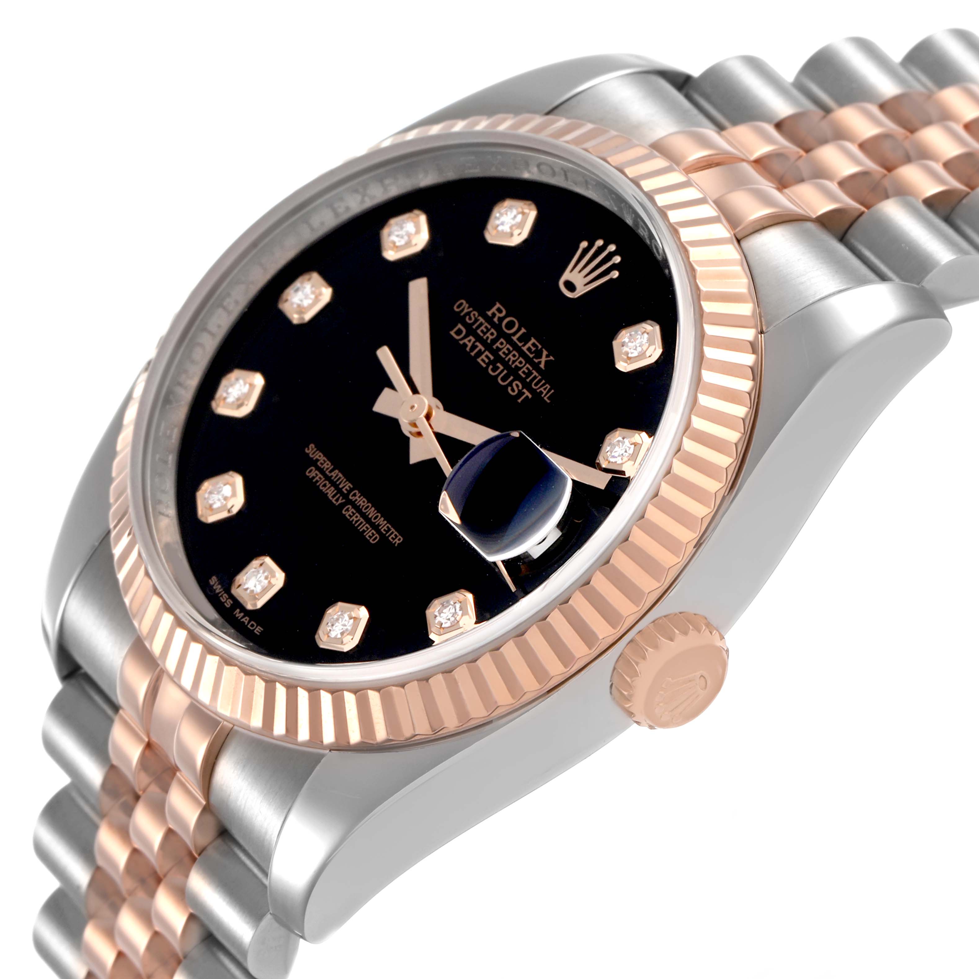 The Rolex Datejust 116231 Men's Steel and Gold (two tone) Black Dial watch is shown from a side angle, highlighting its face, bezel, crown, and jubilee bracelet.