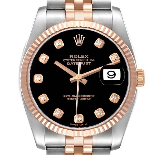 The Rolex Datejust 116231 Men's Steel and Gold (two tone) Black Dial watch is shown from a front view, highlighting the face, bezel, and partially visible bracelet.