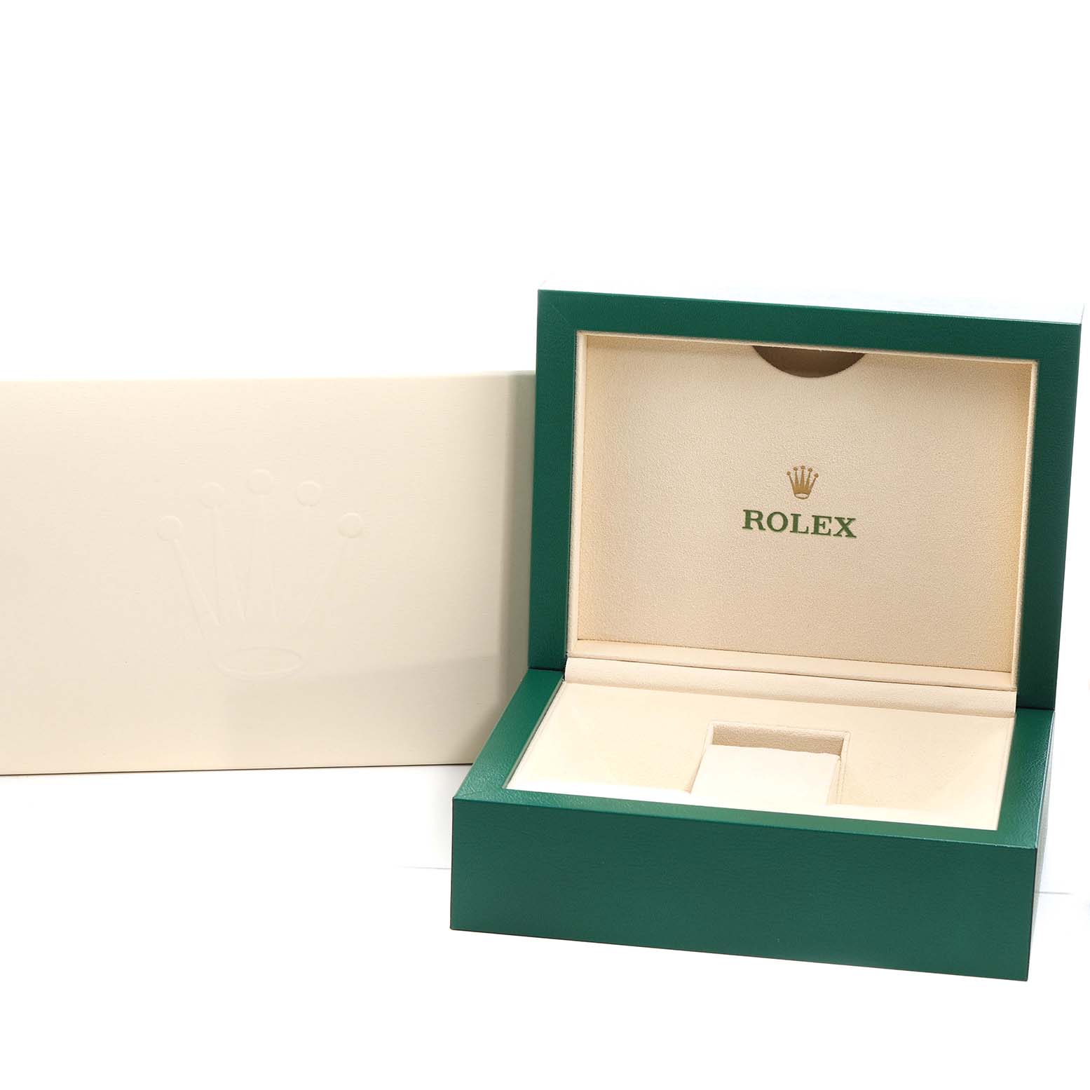 The image displays an open Rolex Datejust 116231 Men's Steel and Gold (two tone) Black Dial box at a three-quarter angle, showing the interior and the brand logo.