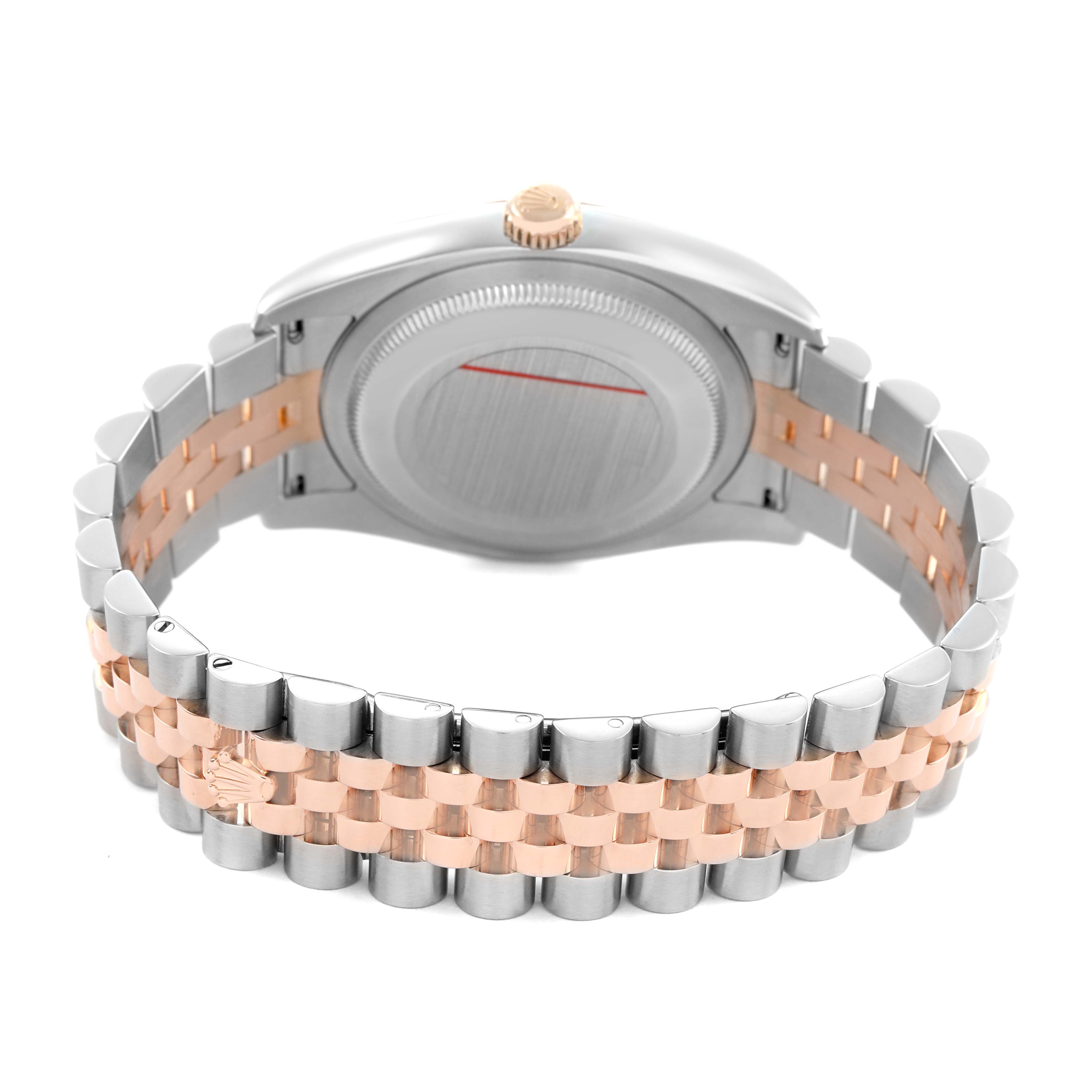 The image shows the back and bracelet of the Rolex Datejust 116231 Men's Steel and Gold (two tone) Black Dial watch, highlighting its two-tone metal design.