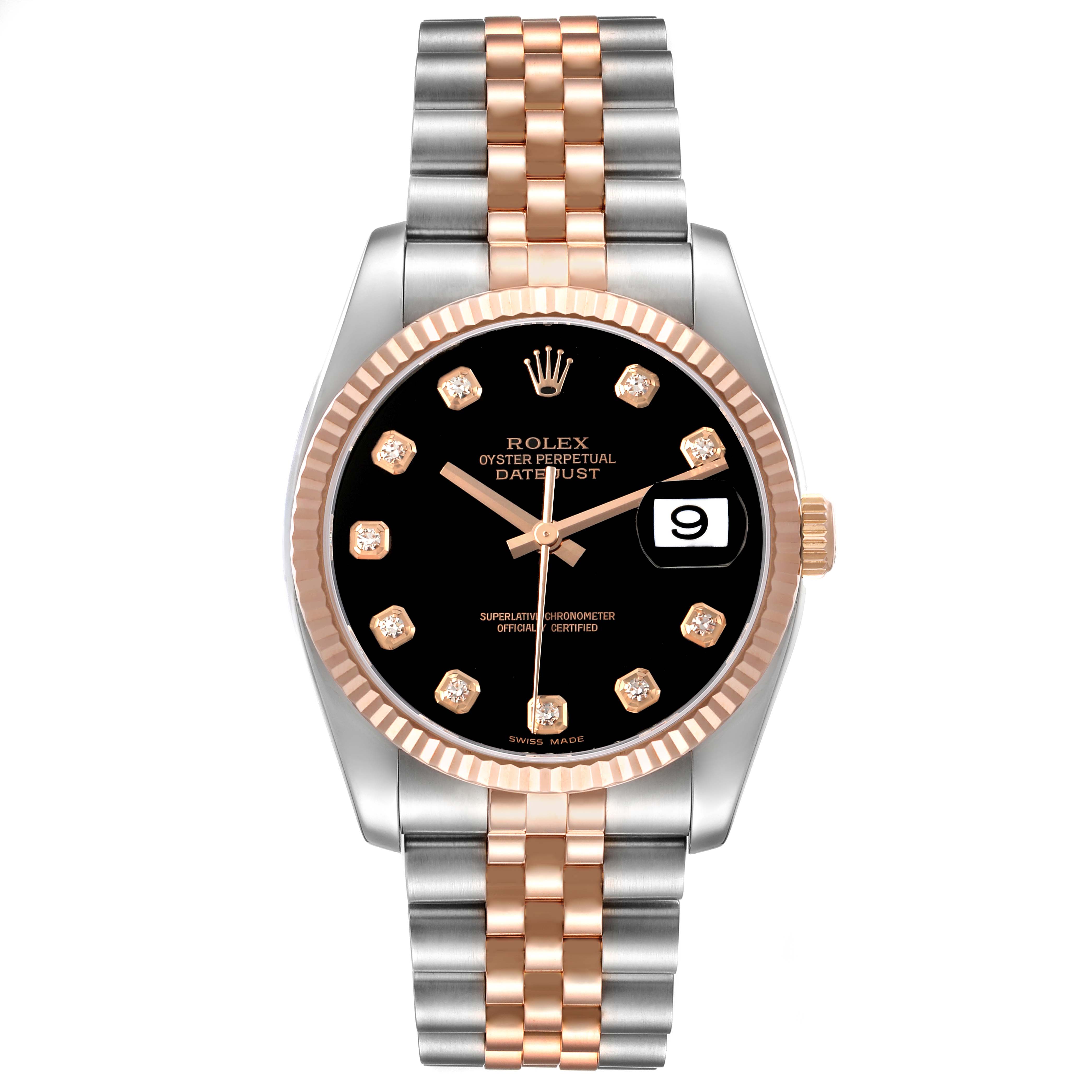The Rolex Datejust 116231 Men's Steel and Gold (two tone) Black Dial watch is shown from the front, displaying the face, bezel, and bracelet.