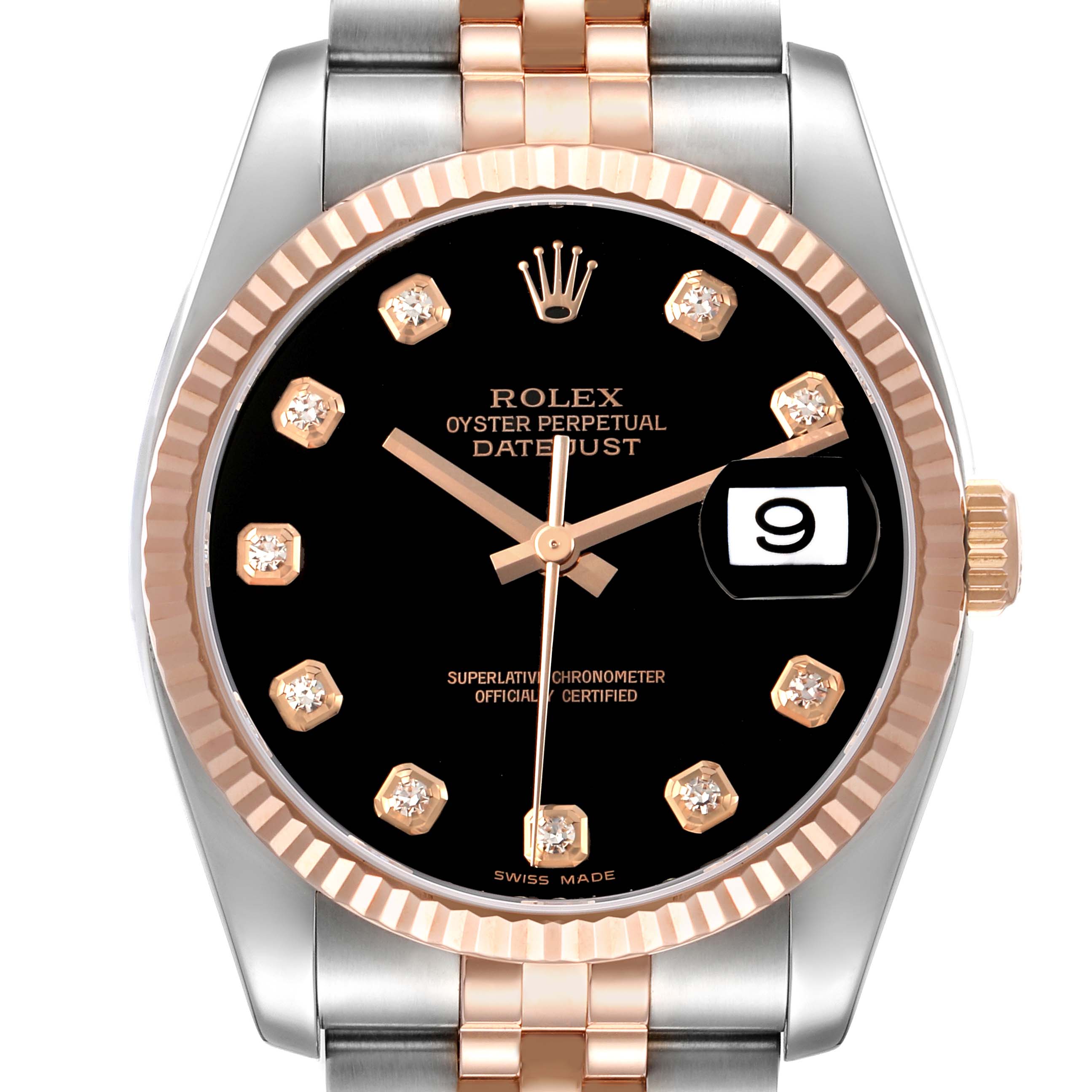 The Rolex Datejust 116231 Men's Steel and Gold (two tone) Black Dial is shown from a top-down angle, highlighting the dial, crown, bezel, and part of the bracelet.