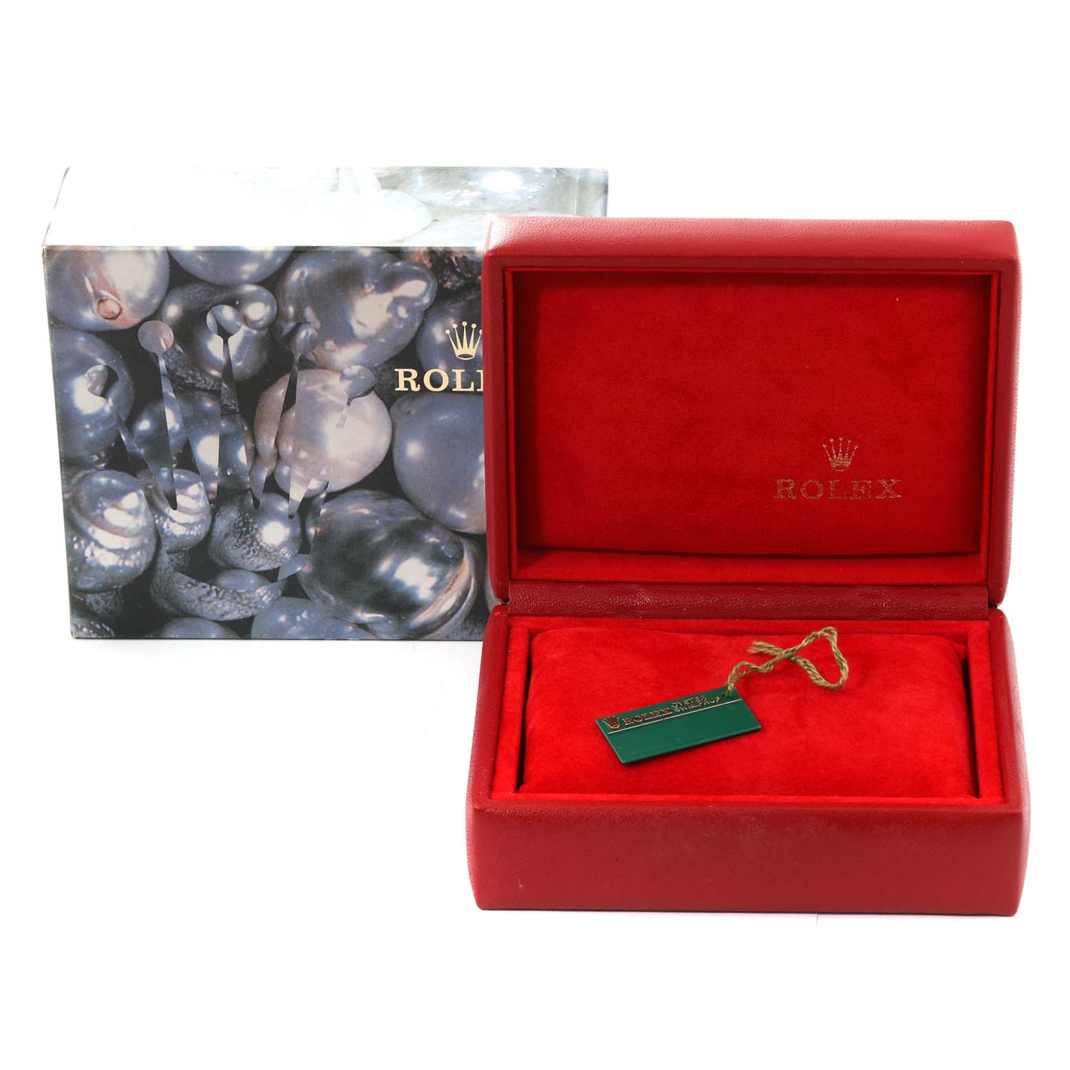 The image shows an open red Rolex Datejust 69174 Women's Stainless Steel Silver Dial 69174 Women's Stainless Steel Silver Dial watch box with an outer decorative box and a green tag inside.