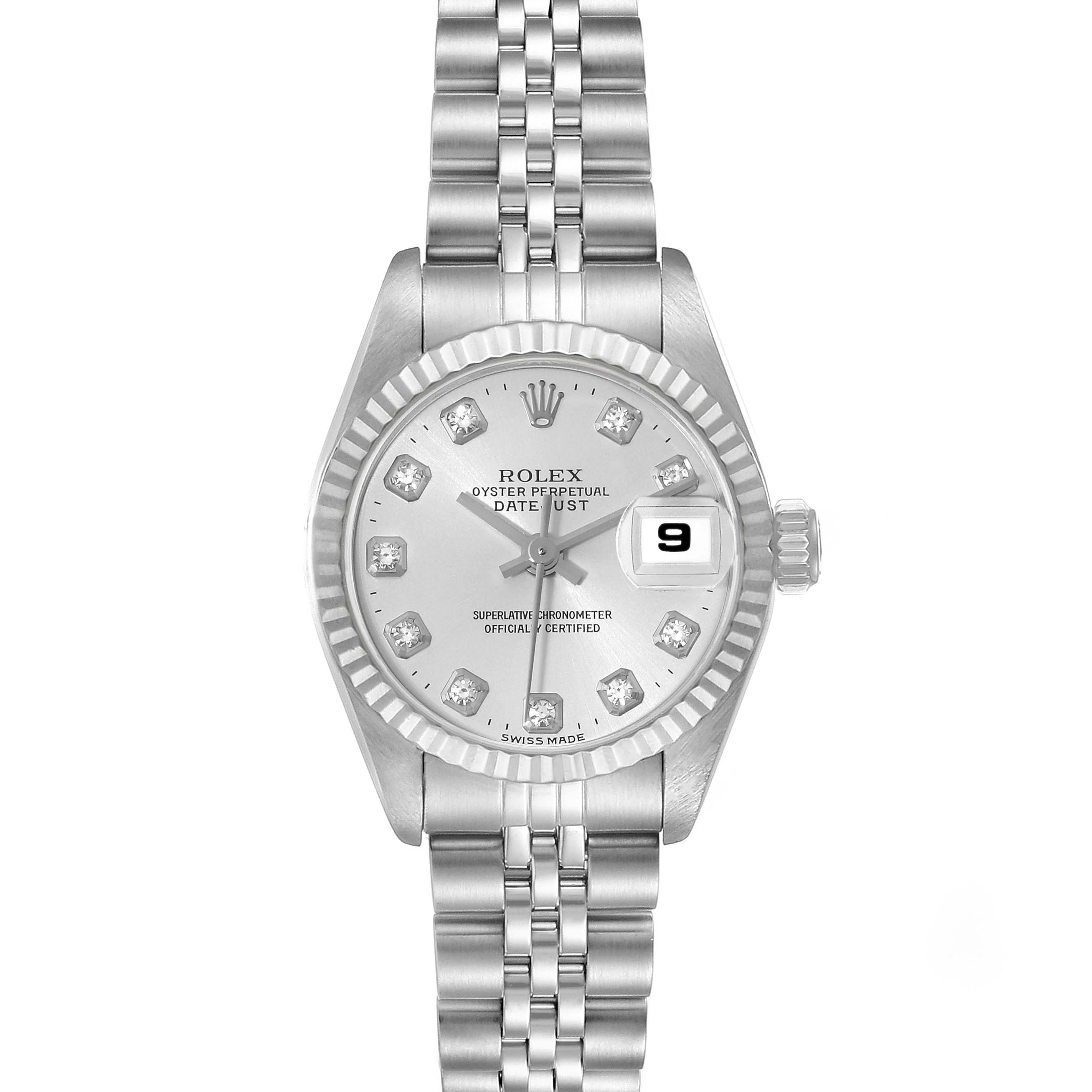 The image shows a frontal view of a Rolex Datejust 69174 Women's Stainless Steel Silver Dial 69174 Women's Stainless Steel Silver Dial watch, highlighting its dial, bezel, and Jubilee bracelet.
