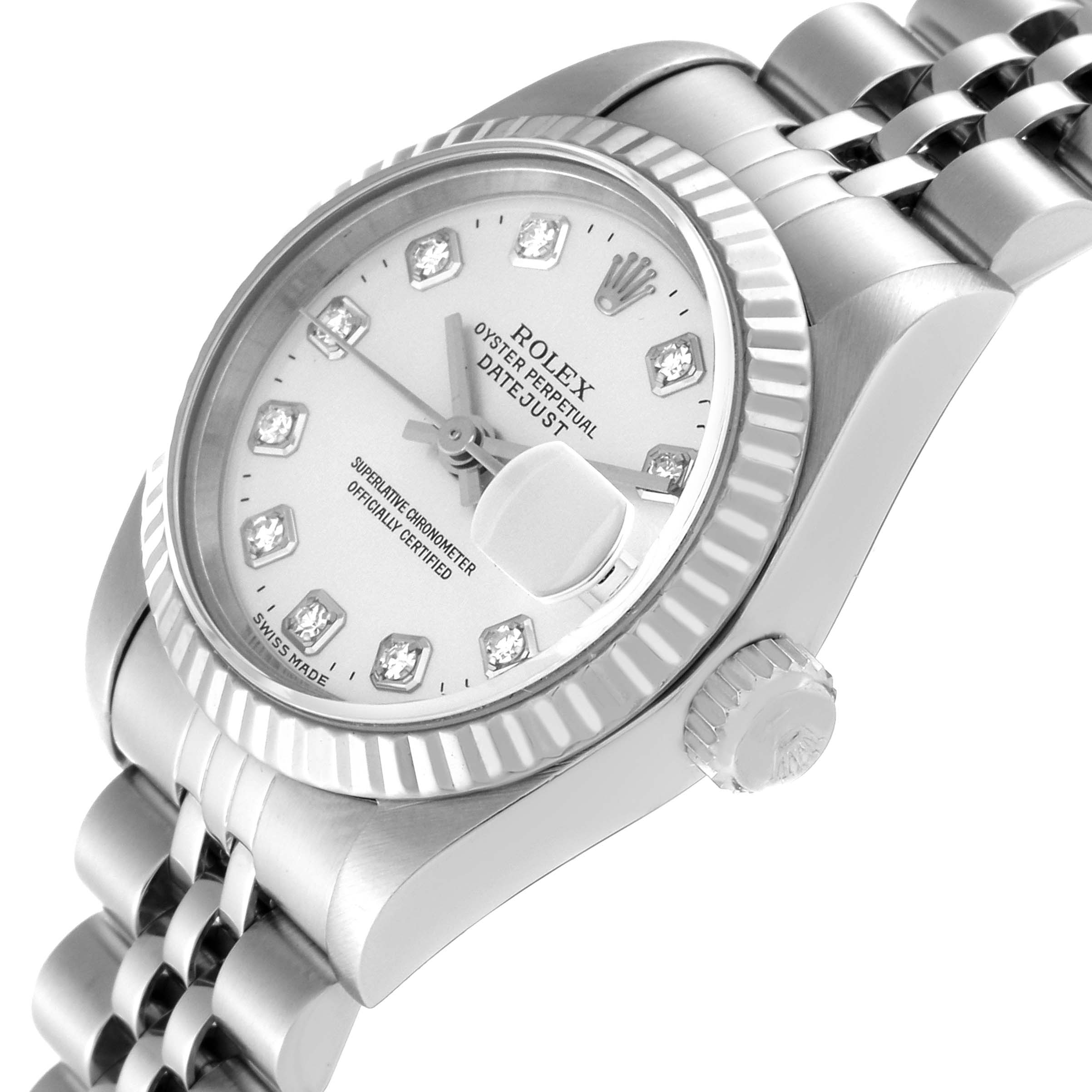 This Rolex Datejust 69174 Women's Stainless Steel Silver Dial 69174 Women's Stainless Steel Silver Dial watch is shown at an angled close-up, displaying the dial, bezel, crown, and bracelet.