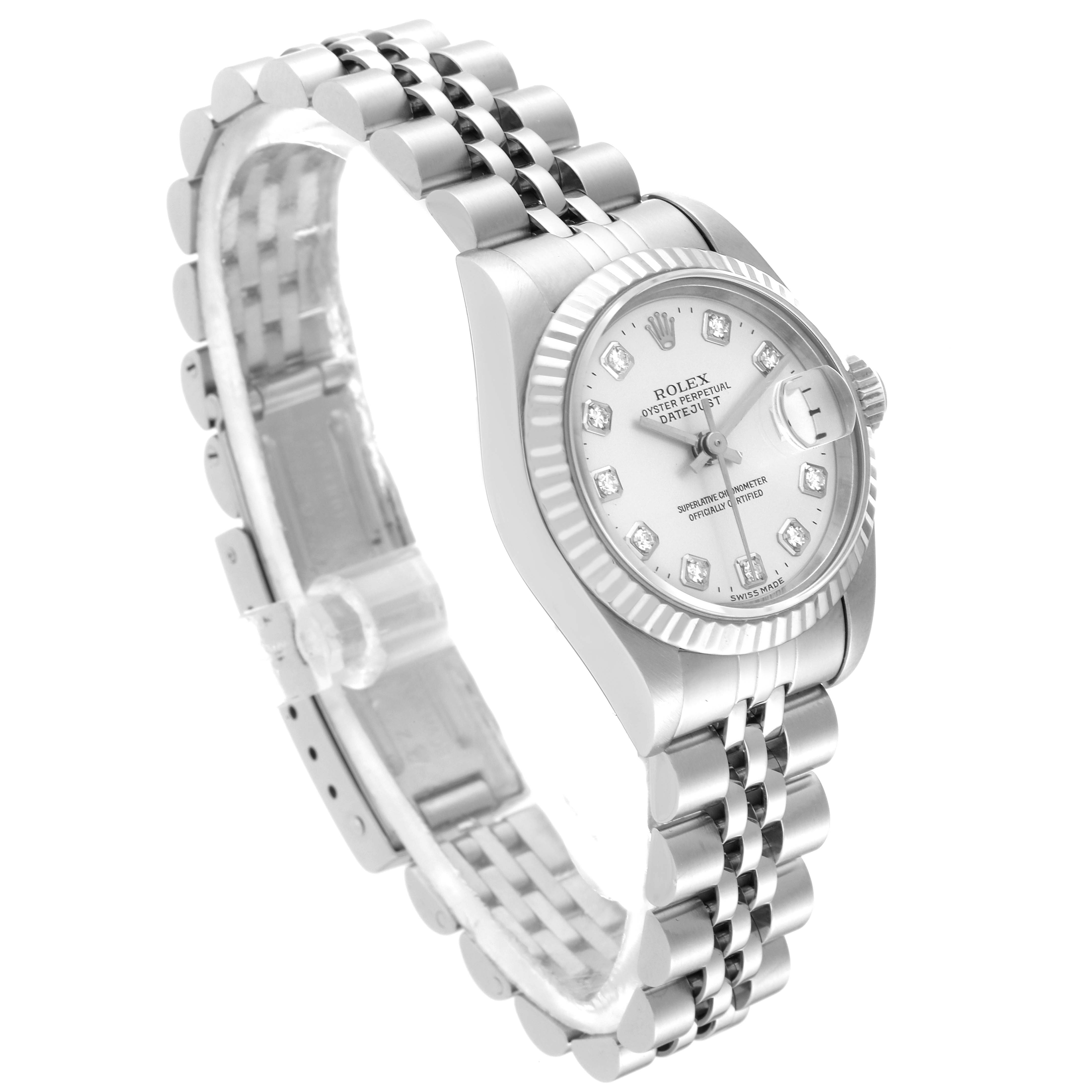 The image shows a Rolex Datejust 69174 Women's Stainless Steel Silver Dial 69174 Women's Stainless Steel Silver Dial watch at an angle, highlighting the dial, bezel, and bracelet.