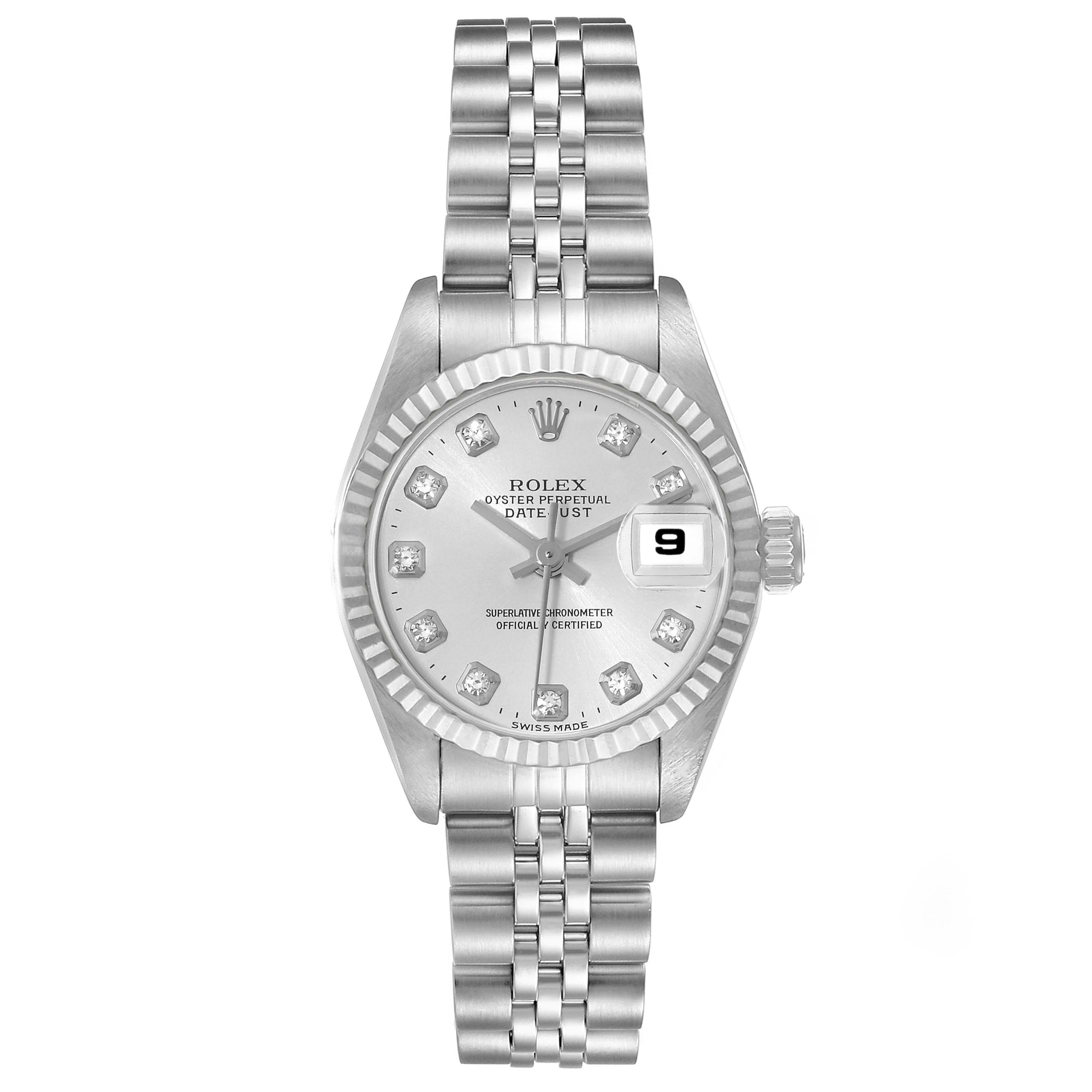 The image shows a frontal view of the Rolex Datejust 69174 Women's Stainless Steel Silver Dial 69174 Women's Stainless Steel Silver Dial watch, displaying its dial, bezel, and bracelet.