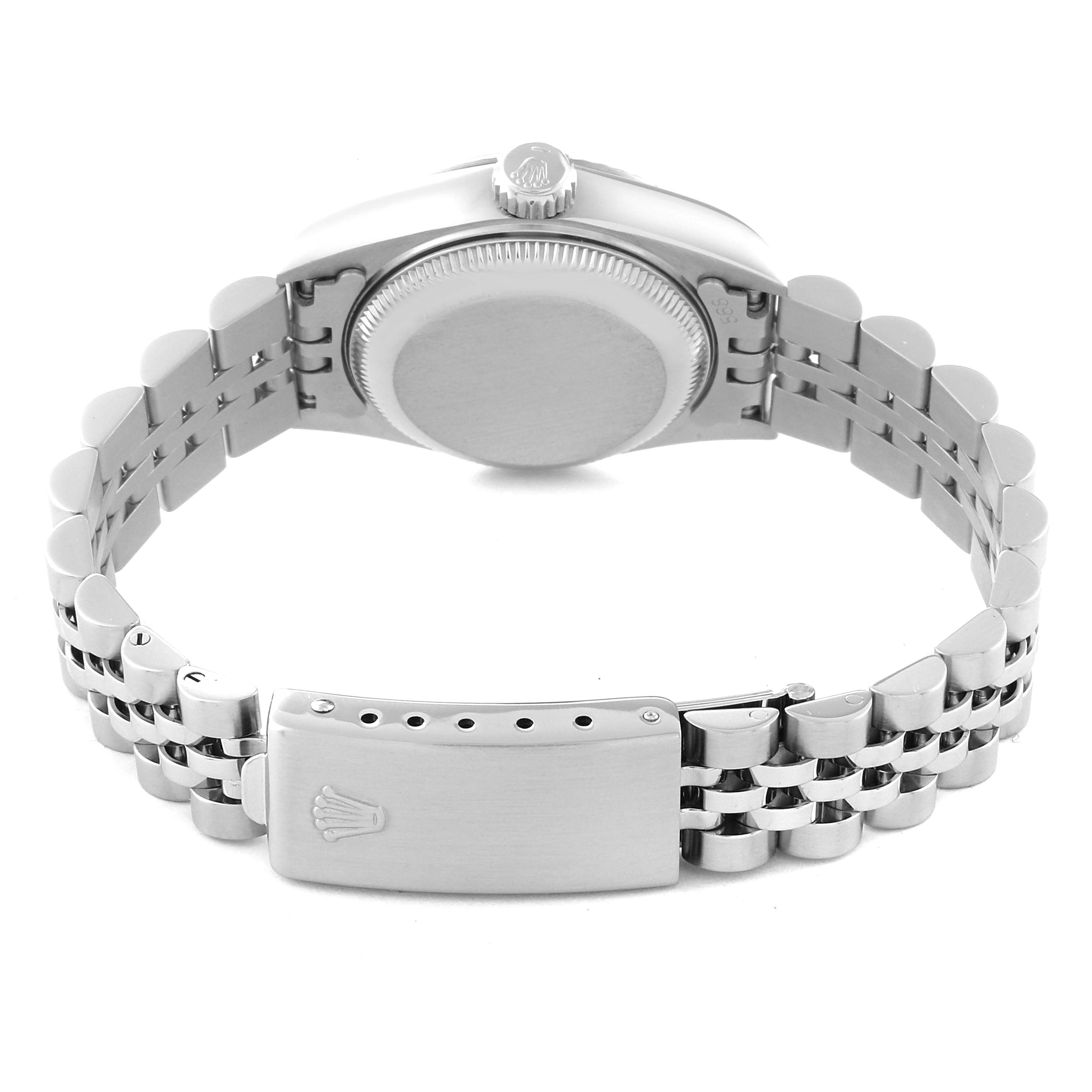 This image shows the back view of a Rolex Datejust 69174 Women's Stainless Steel Silver Dial 69174 Women's Stainless Steel Silver Dial watch, highlighting the case back, crown, and Jubilee bracelet clasp.