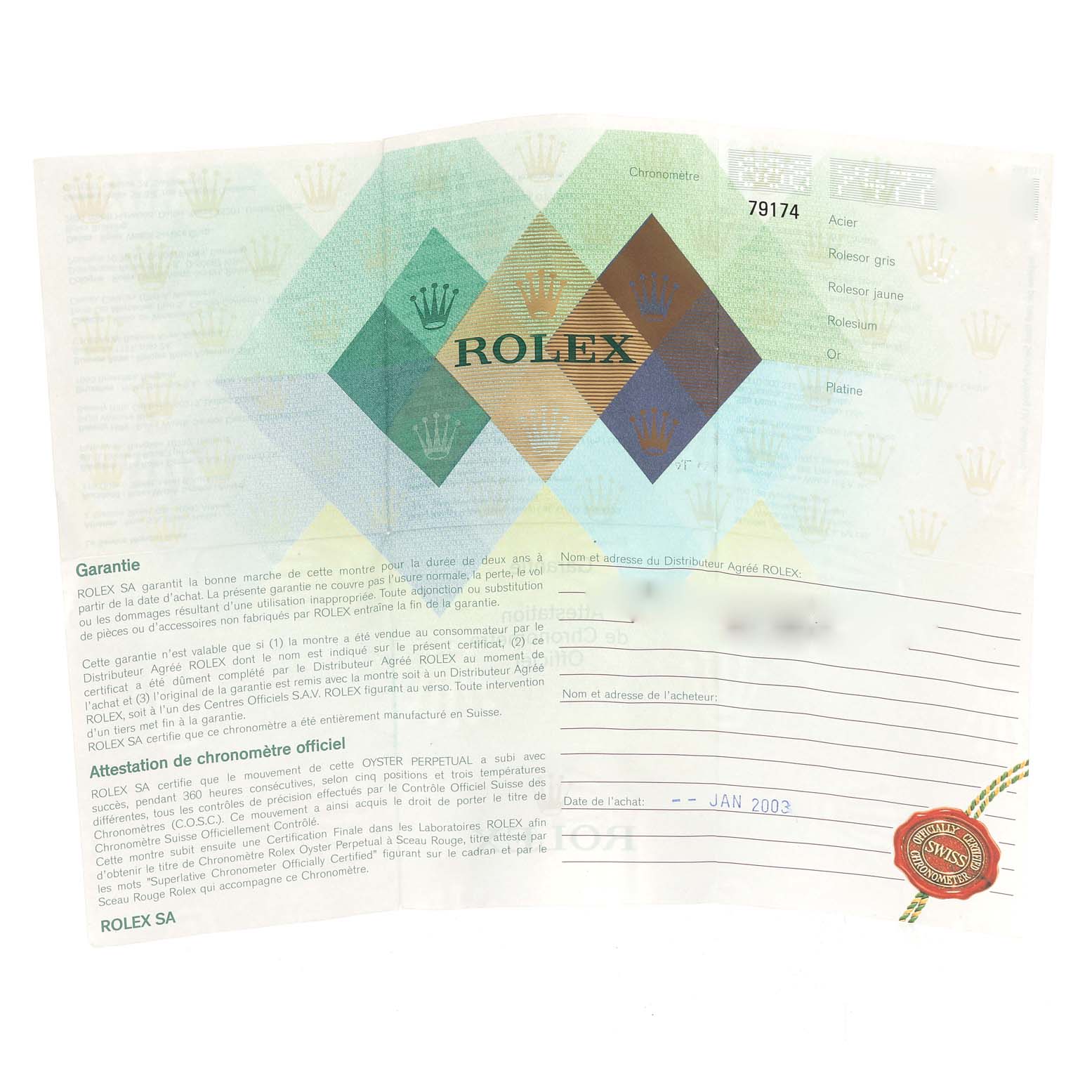 This is an authentication and warranty document for a Rolex Datejust 79174 Women's Stainless Steel Mother of Pearl Dial 79174 Women's Stainless Steel Mother of Pearl Dial watch, showing the serial number, purchase date, and official seal.