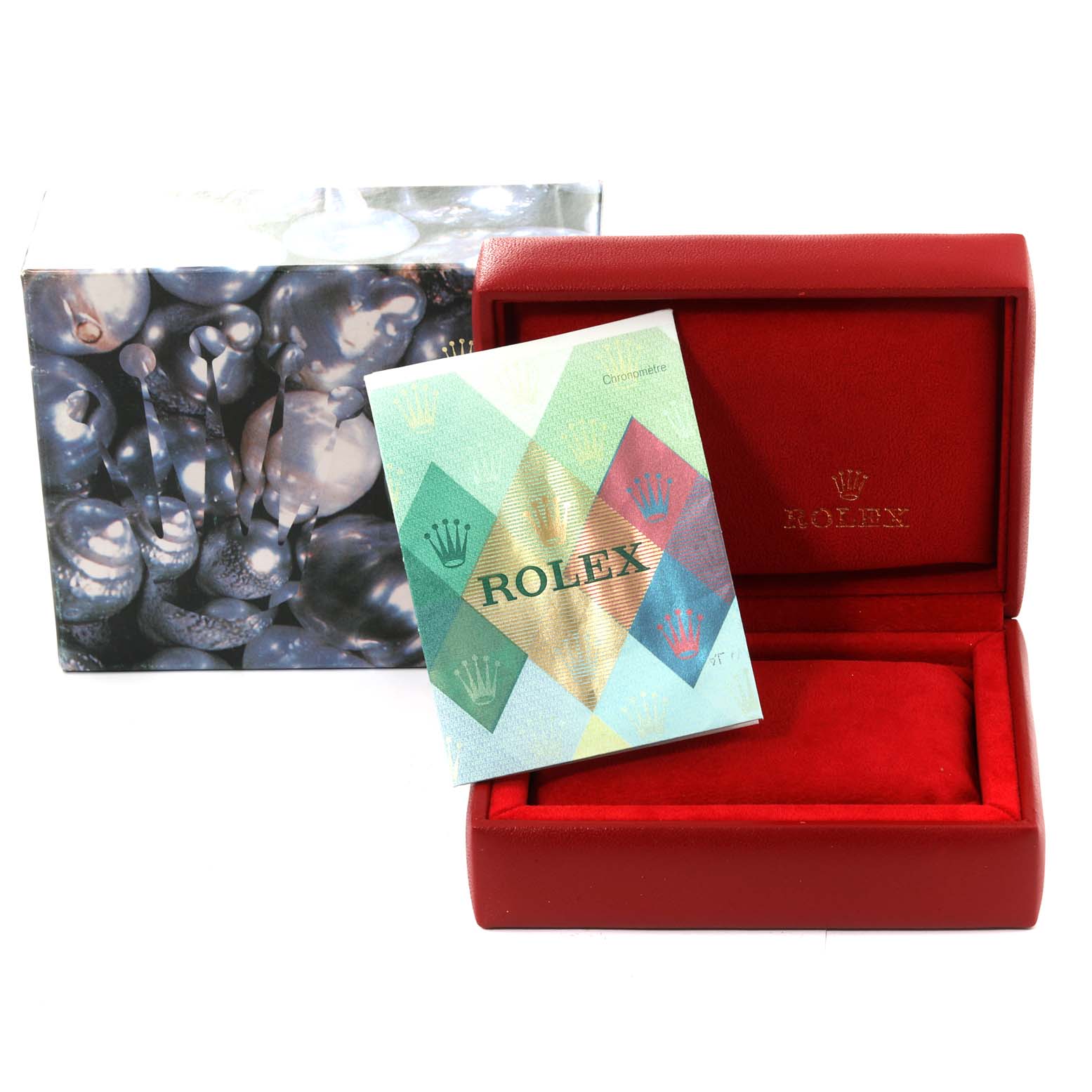 The image shows a Rolex Datejust 79174 Women's Stainless Steel Mother of Pearl Dial 79174 Women's Stainless Steel Mother of Pearl Dial watch box, a cardholder, and an outer protective box from a front angle.