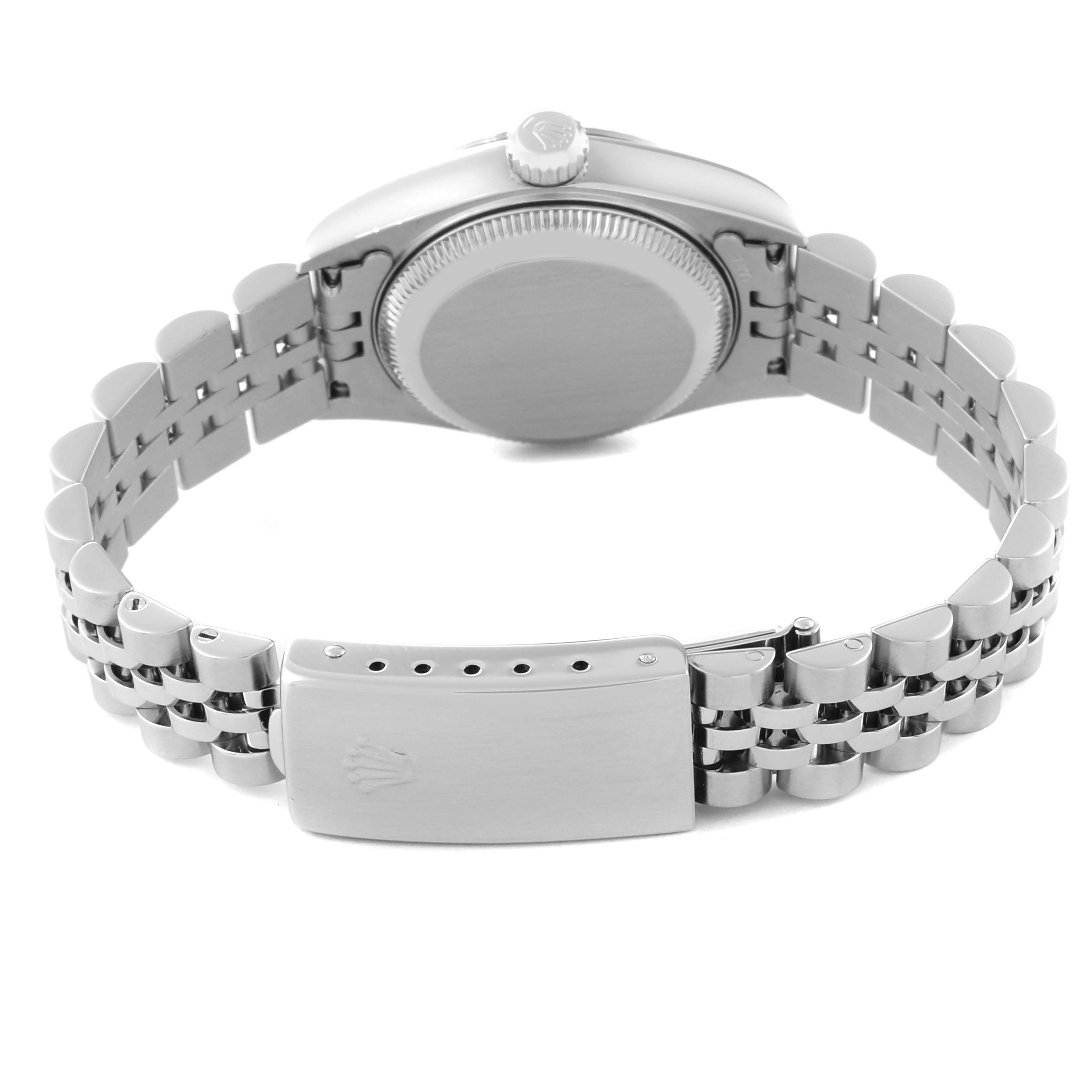 The image shows the back view of a Rolex Datejust 79174 Women's Stainless Steel Mother of Pearl Dial 79174 Women's Stainless Steel Mother of Pearl Dial watch, featuring the bracelet and clasp.