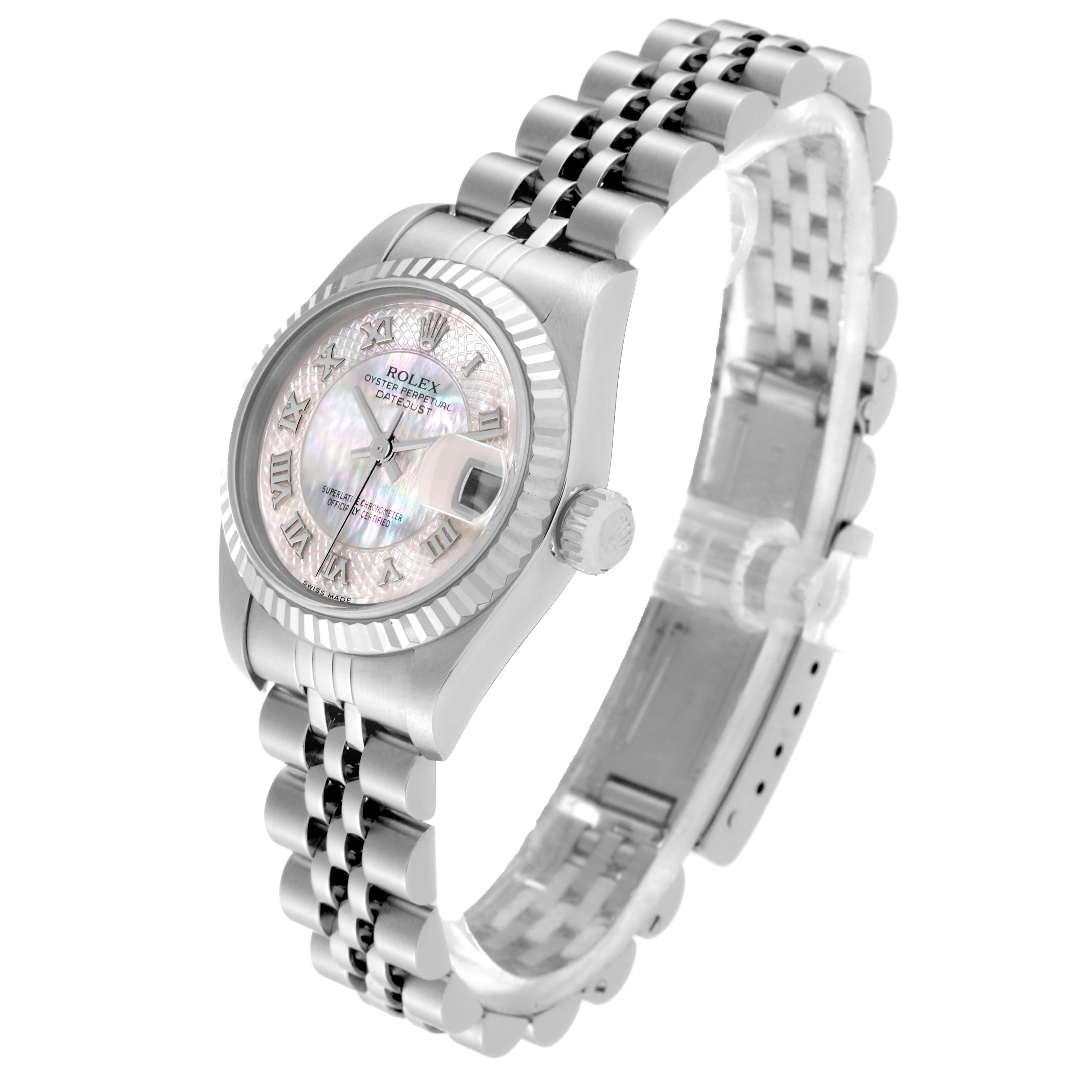 The image shows a Rolex Datejust 79174 Women's Stainless Steel Mother of Pearl Dial 79174 Women's Stainless Steel Mother of Pearl Dial watch at an angle that highlights the face, bezel, crown, and partially open bracelet.