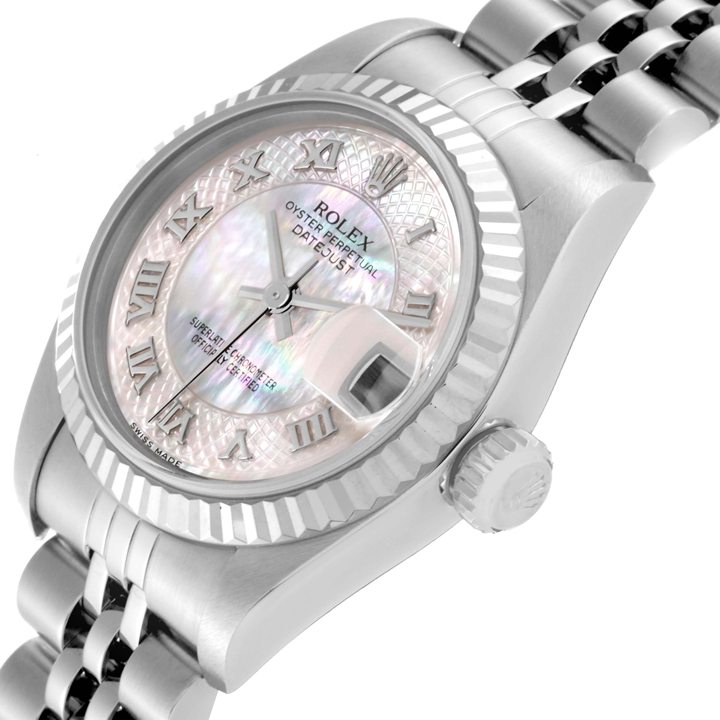 The image shows a close-up view of a Rolex Datejust 79174 Women's Stainless Steel Mother of Pearl Dial 79174 Women's Stainless Steel Mother of Pearl Dial watch, highlighting the dial, bezel, crown, and part of the bracelet.