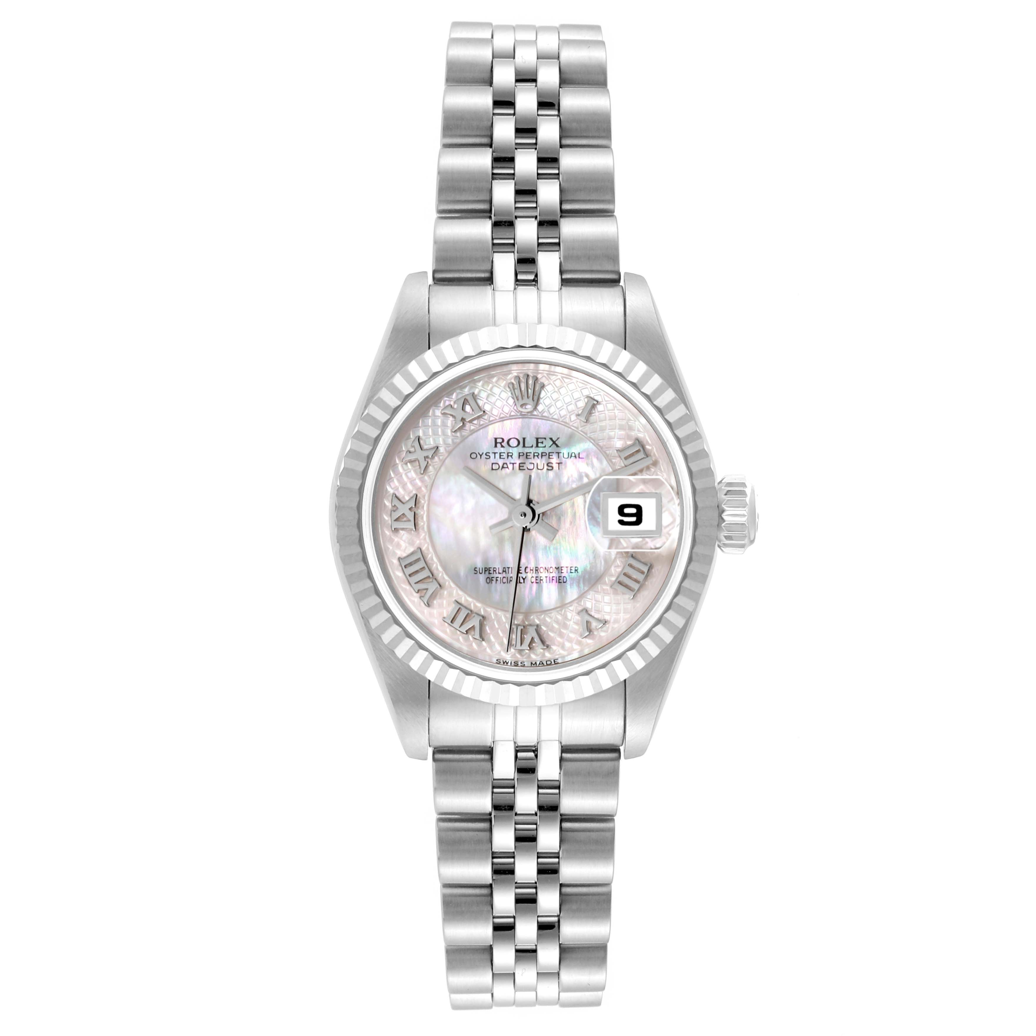 This is a Rolex Datejust 79174 Women's Stainless Steel Mother of Pearl Dial 79174 Women's Stainless Steel Mother of Pearl Dial watch shown from a top-down angle, displaying the face, bezel, crown, and bracelet.