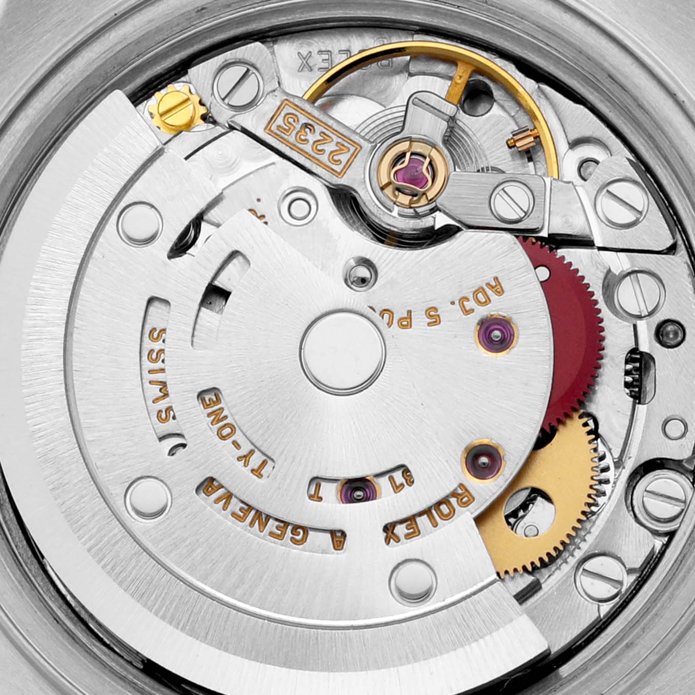 This image shows the movement and internal mechanics of a Rolex Datejust 79174 Women's Stainless Steel Mother of Pearl Dial 79174 Women's Stainless Steel Mother of Pearl Dial watch from a top-down perspective.