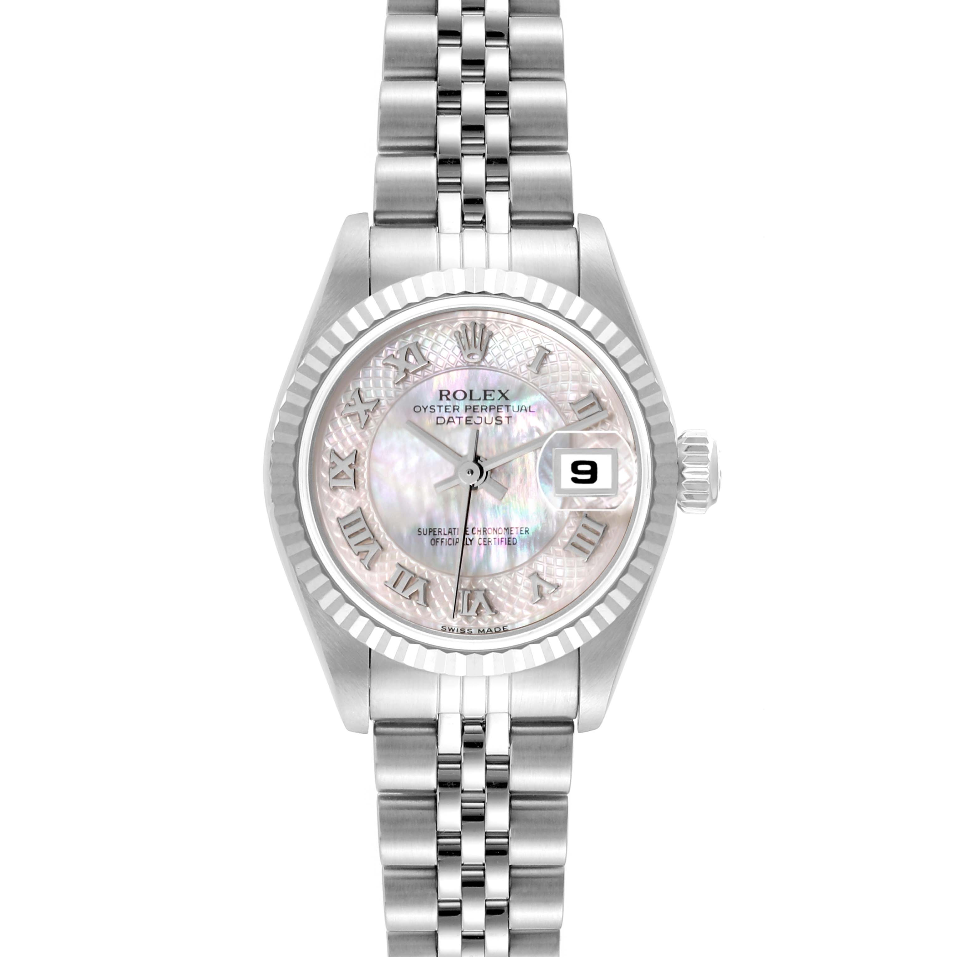 The image shows a front view of a Rolex Datejust 79174 Women's Stainless Steel Mother of Pearl Dial 79174 Women's Stainless Steel Mother of Pearl Dial watch, highlighting its mother-of-pearl dial, Roman numeral markers, and Jubilee bracelet.