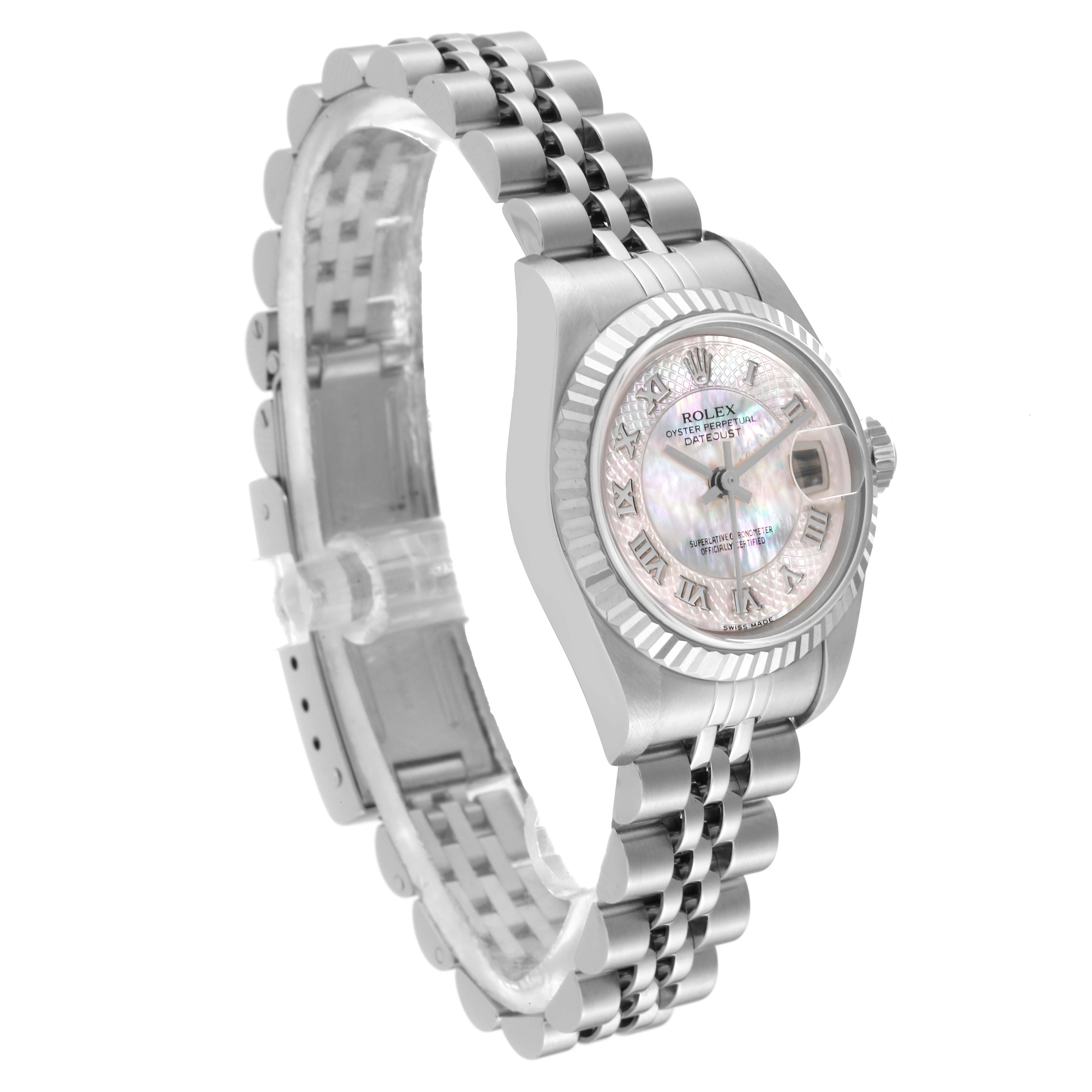 This image shows a side angle of a Rolex Datejust 79174 Women's Stainless Steel Mother of Pearl Dial 79174 Women's Stainless Steel Mother of Pearl Dial watch, highlighting its band, case, and dial.