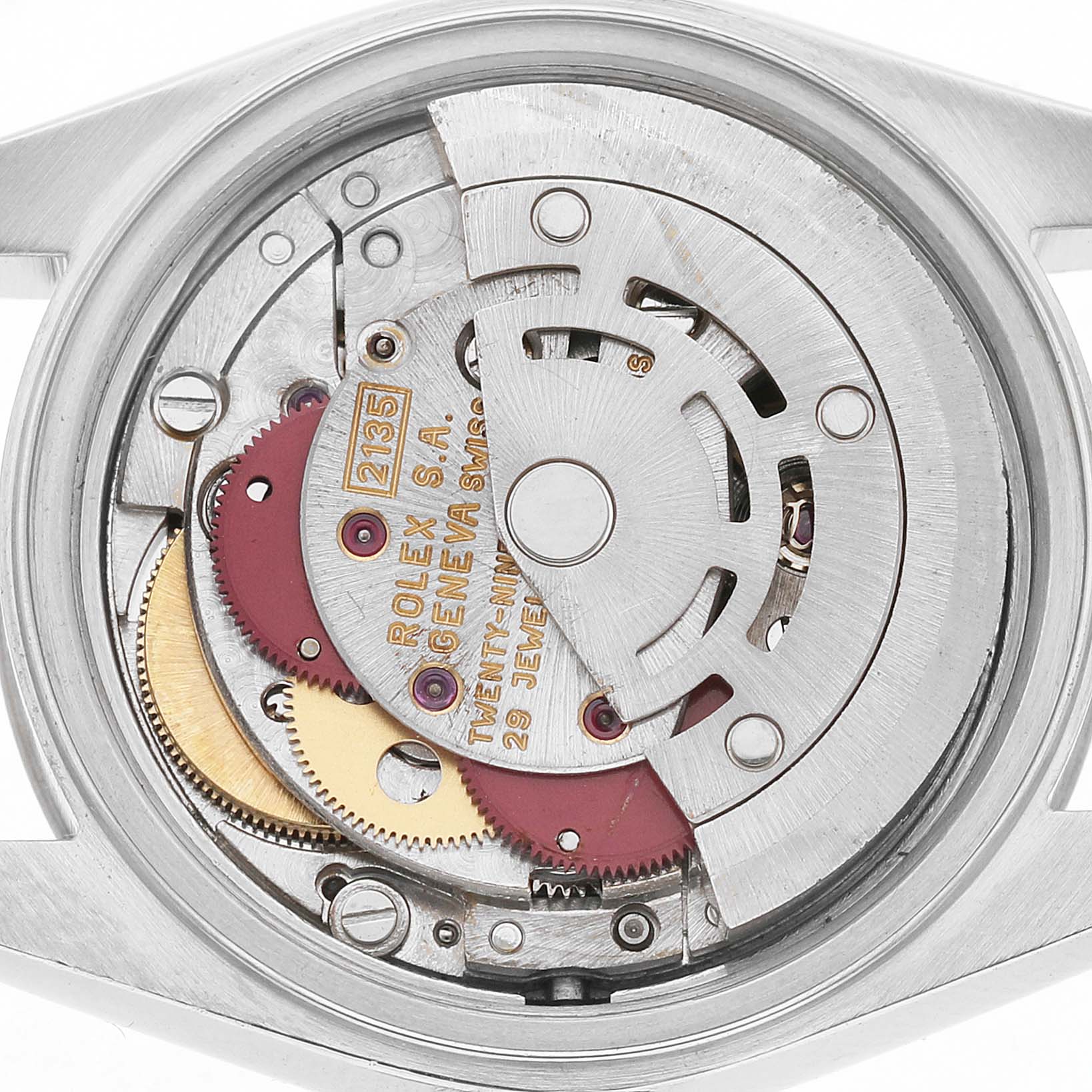 The image shows the movement and internal components of a Rolex Datejust 69174 Women's Stainless Steel Silver Dial watch from a top-down angle.