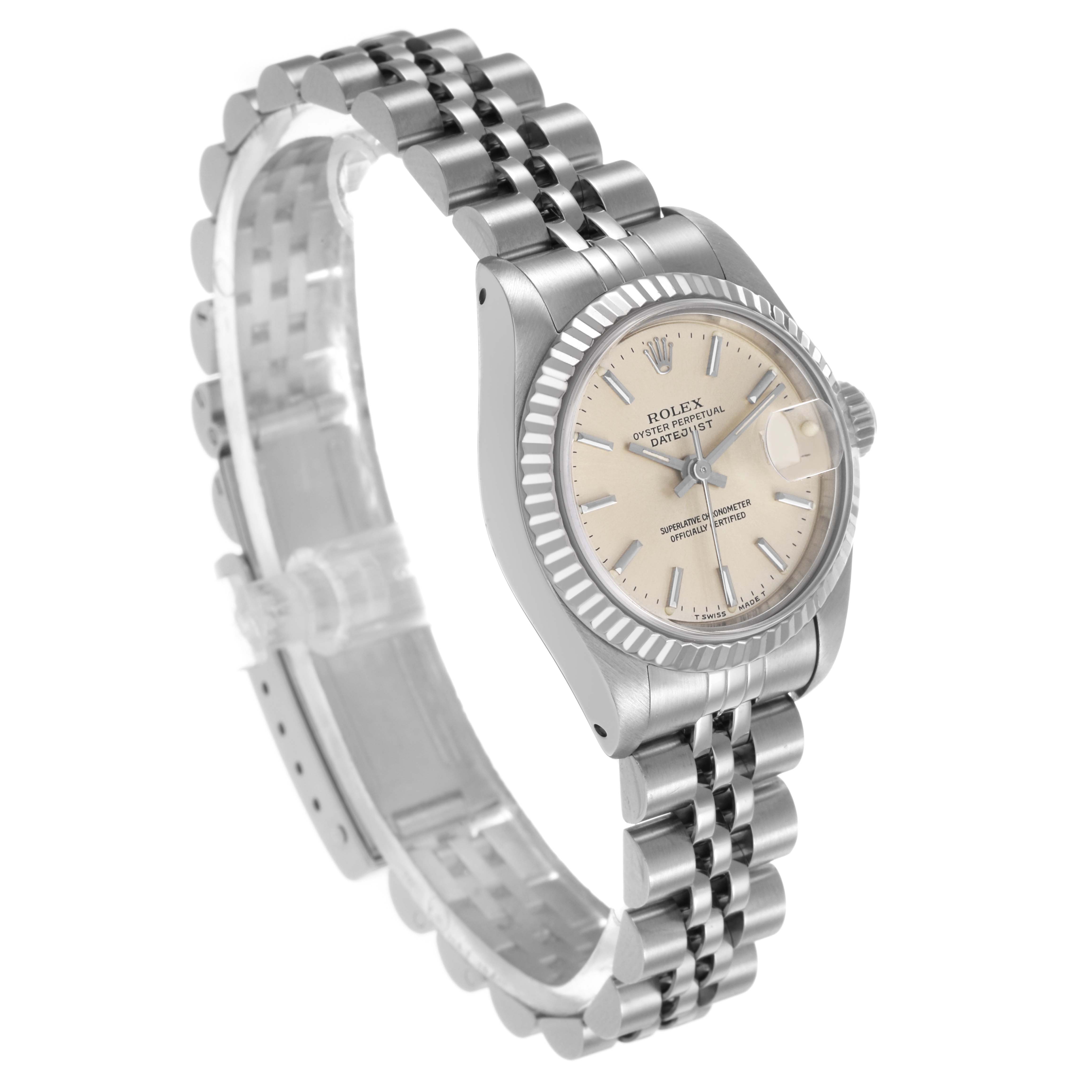 The Rolex Datejust 69174 Women's Stainless Steel Silver Dial watch is shown at an angled view, highlighting the face, bezel, and bracelet.