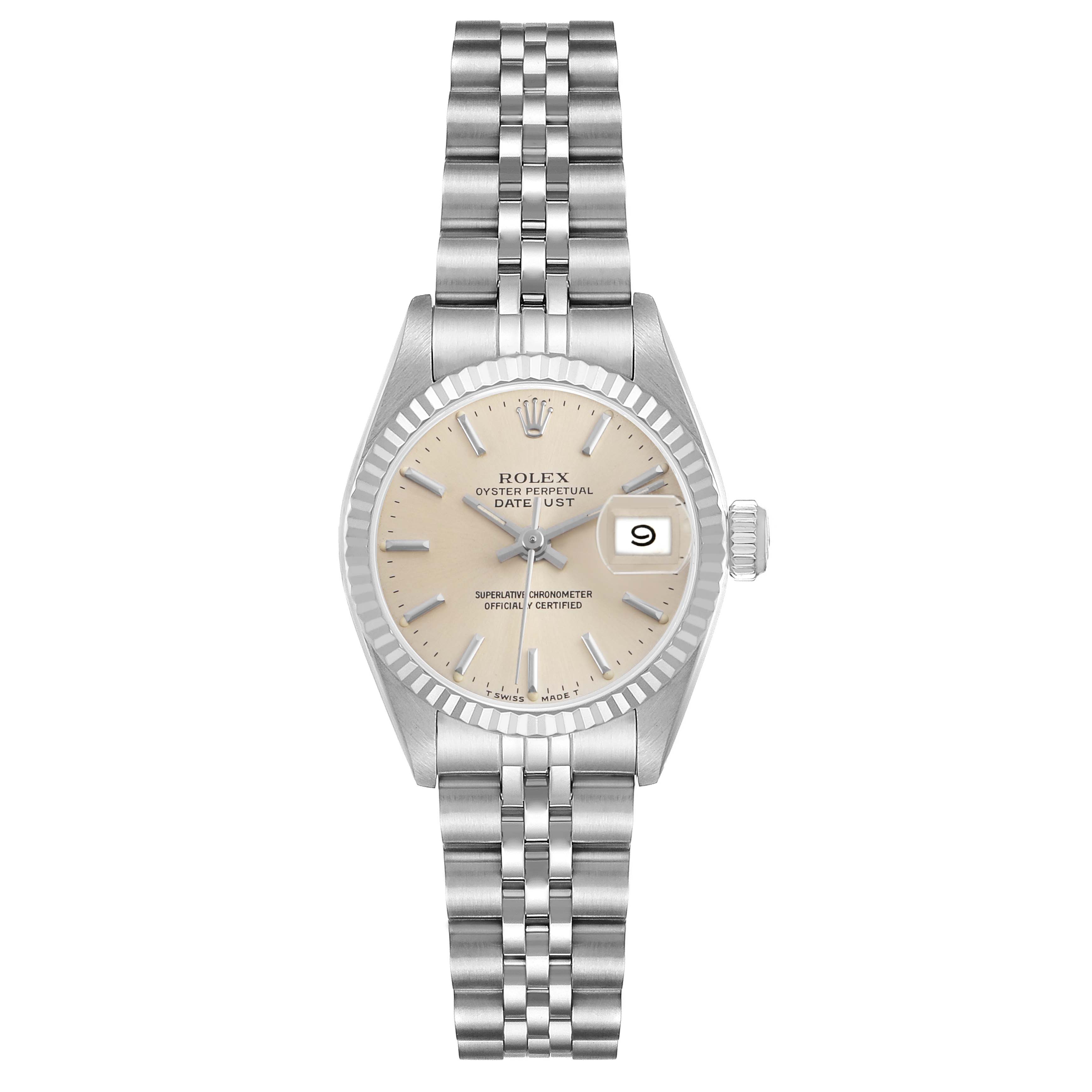 The Rolex Datejust 69174 Women's Stainless Steel Silver Dial watch is shown from a top view, featuring the dial, bezel, case, and Jubilee bracelet.