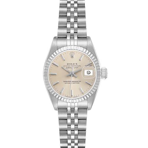 The Rolex Datejust 69174 Women's Stainless Steel Silver Dial watch is shown from a top-down angle, highlighting the dial, fluted bezel, and jubilee bracelet.