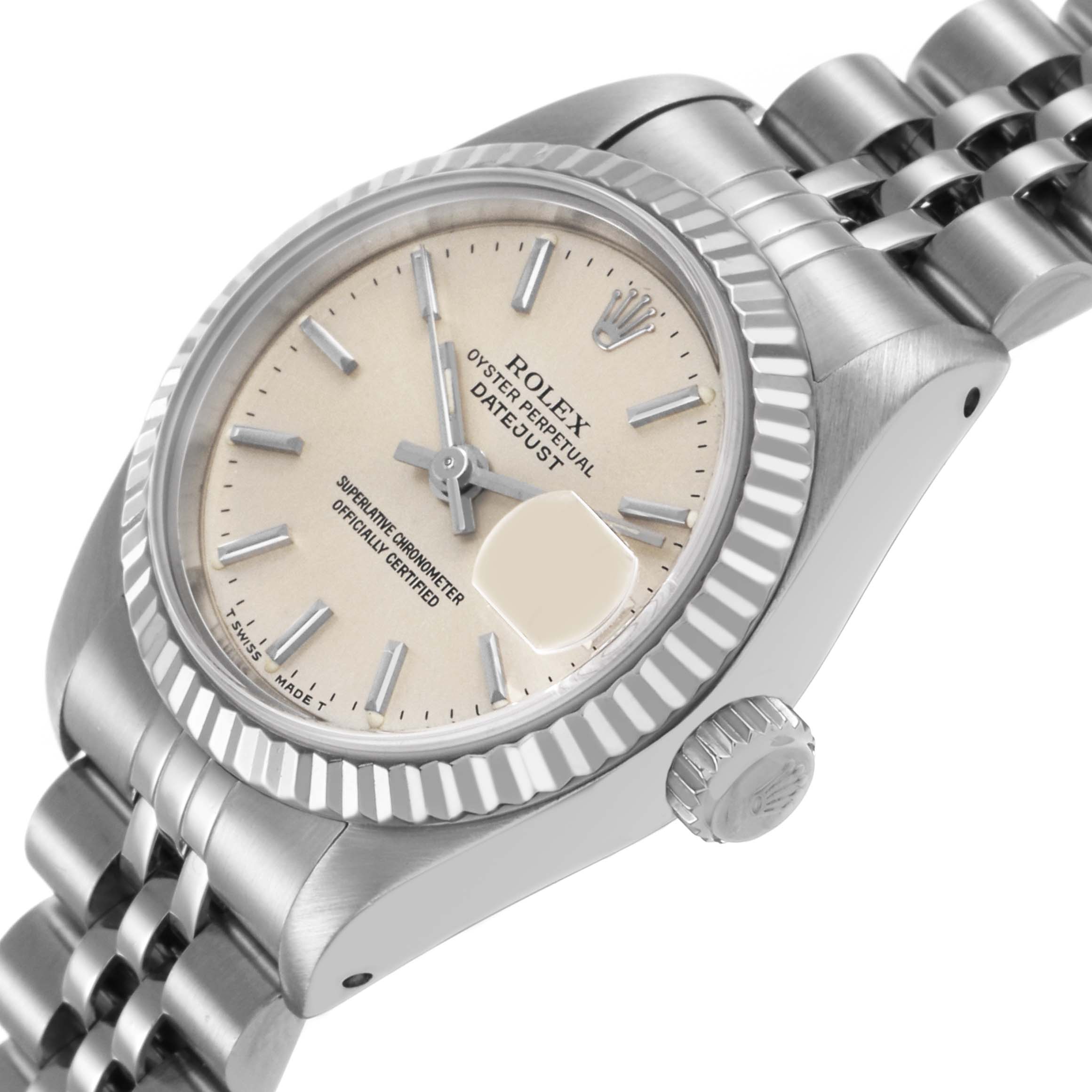 The image shows a Rolex Datejust 69174 Women's Stainless Steel Silver Dial watch from an angled side view, highlighting the dial, fluted bezel, crown, and part of the bracelet.