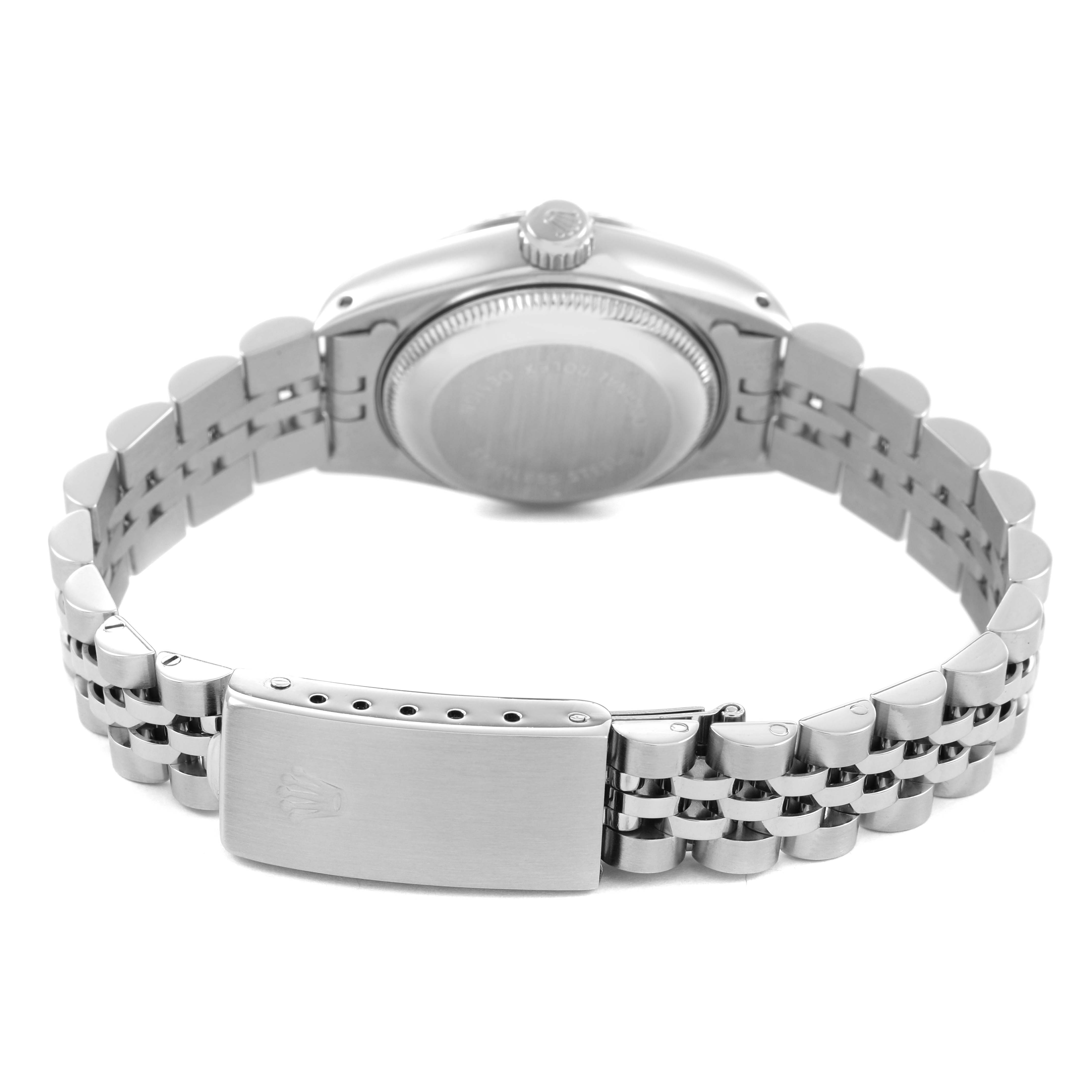 The image shows the back of a Rolex Datejust 69174 Women's Stainless Steel Silver Dial watch, highlighting the stainless steel bracelet and clasp.