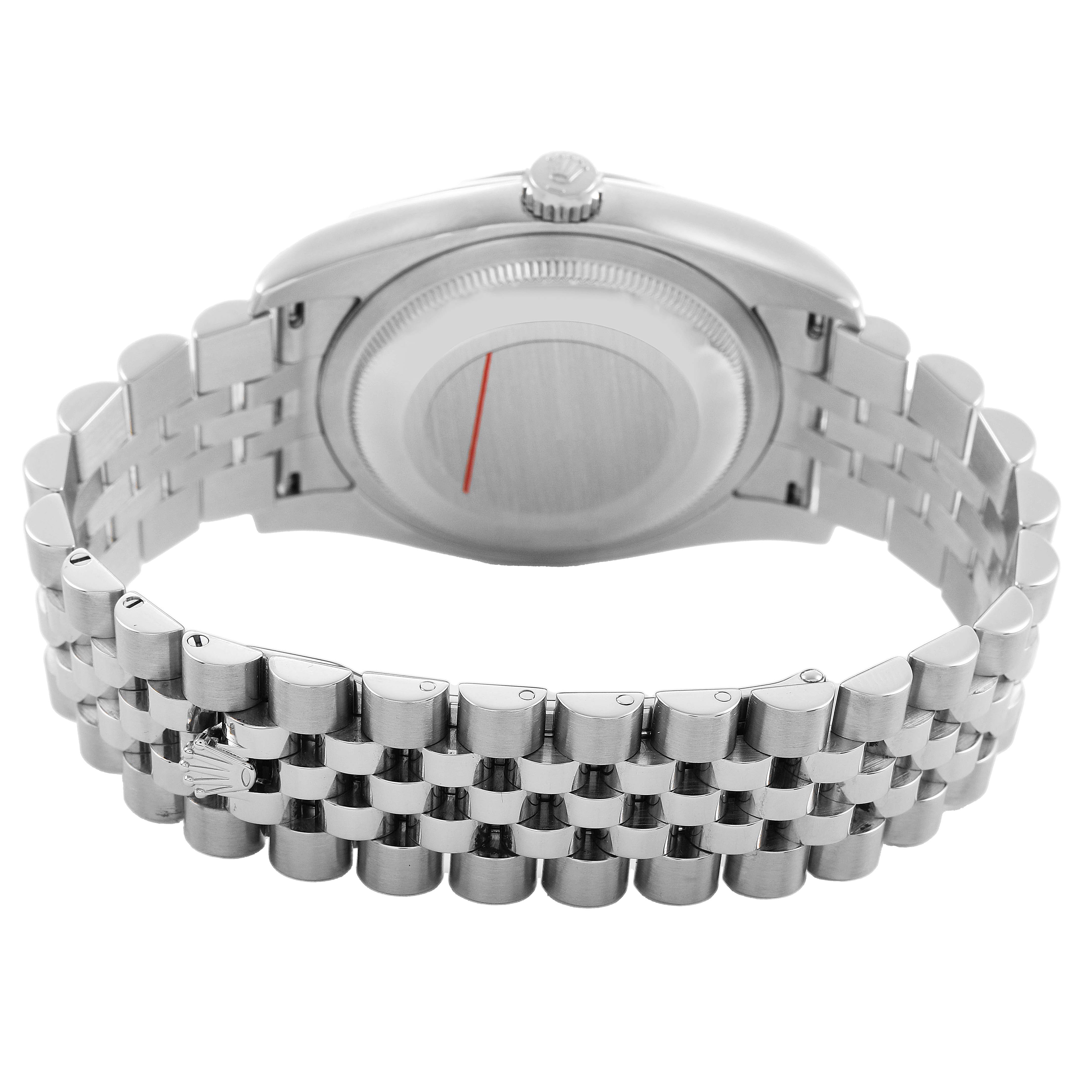 The image shows the back view of a Rolex Datejust 116234 Men's Stainless Steel White Dial watch, highlighting the bracelet and case back.