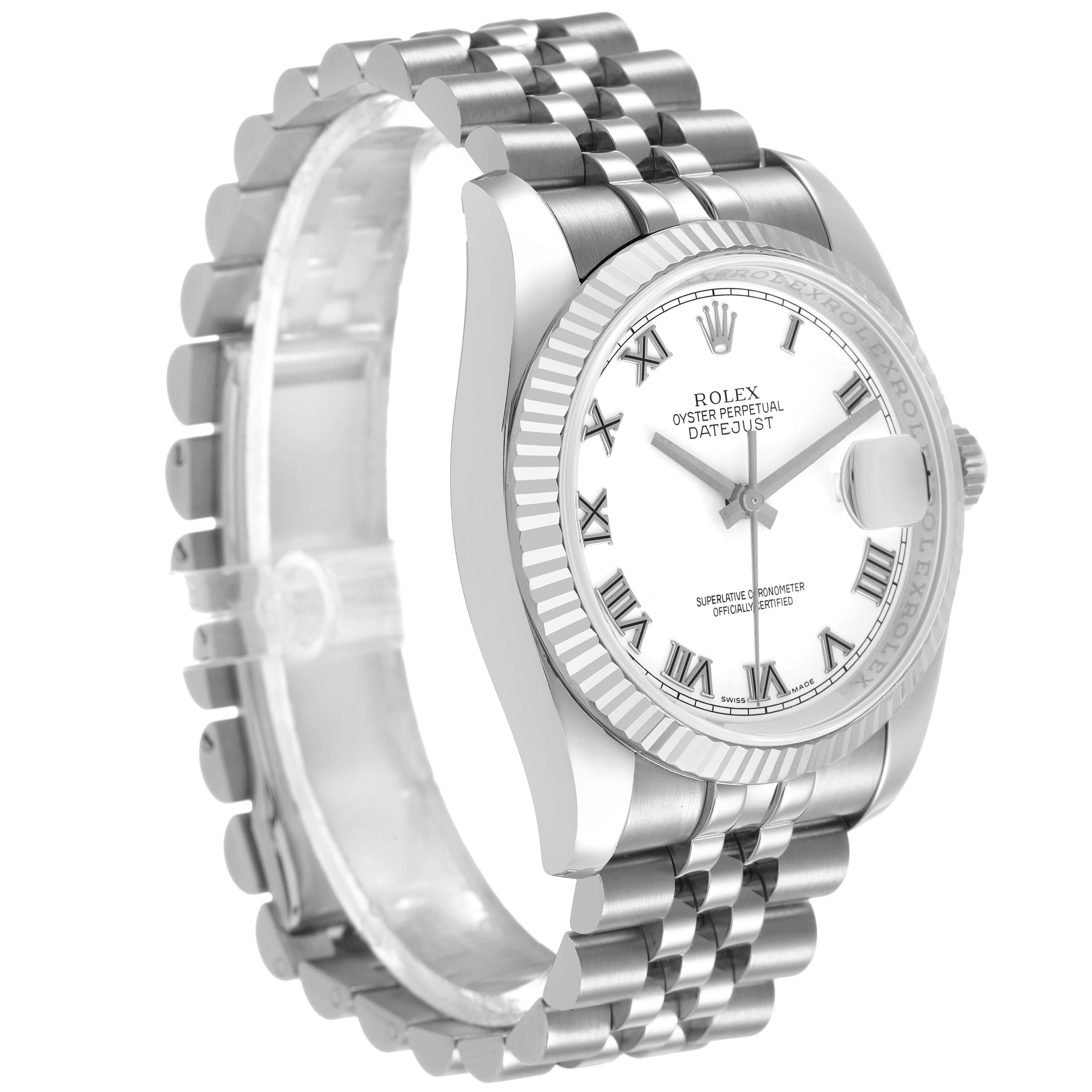 The Rolex Datejust 116234 Men's Stainless Steel White Dial watch is shown at a three-quarter angle, featuring the face, bezel, and part of the bracelet.