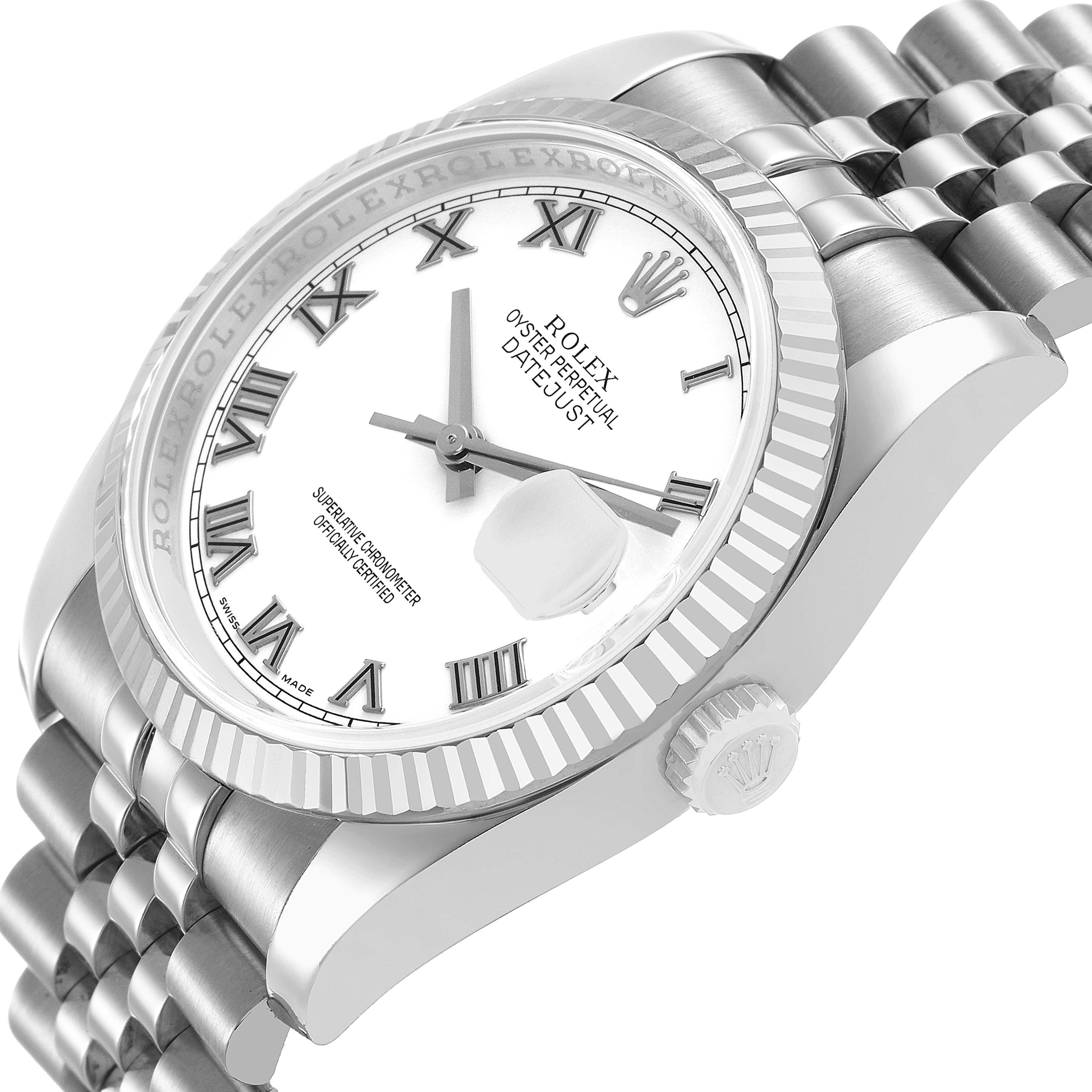 The Rolex Datejust 116234 Men's Stainless Steel White Dial watch is shown from a side angle, highlighting the face, fluted bezel, and Jubilee bracelet.