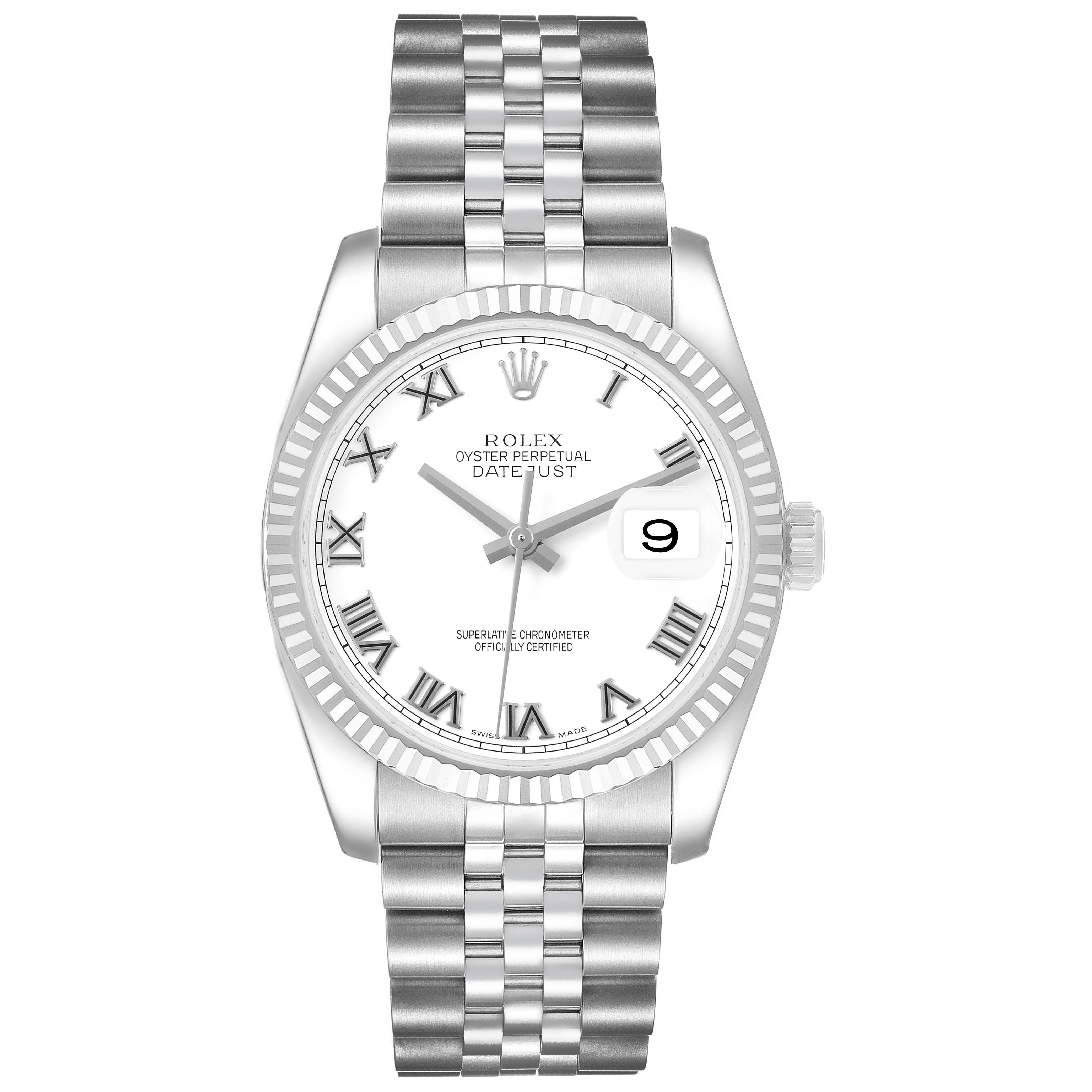 The Rolex Datejust 116234 Men's Stainless Steel White Dial watch is shown from a frontal angle, highlighting the dial, bezel, crown, and bracelet.