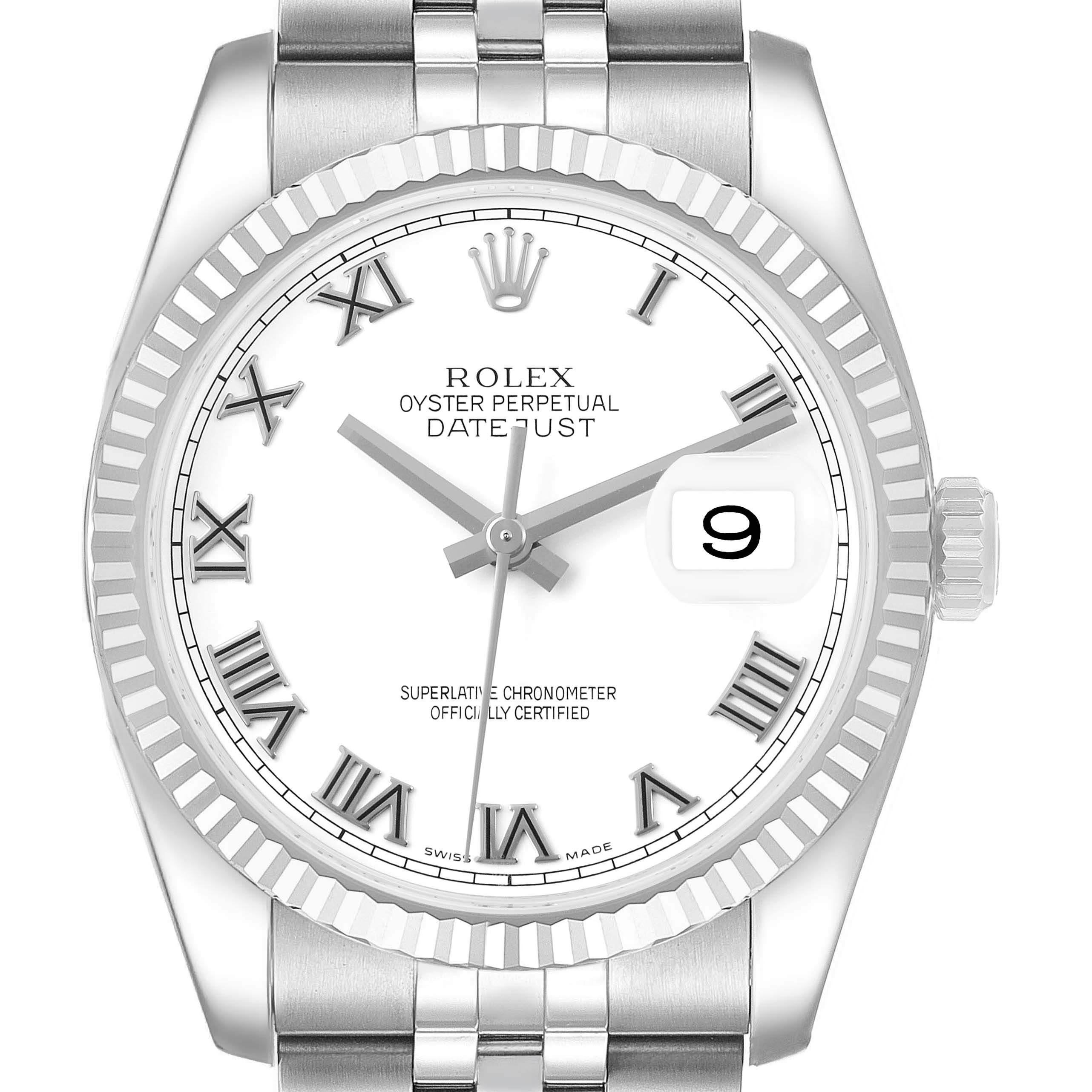 The Rolex Datejust 116234 Men's Stainless Steel White Dial watch is shown from a front angle, featuring its dial, bezel, crown, and bracelet.