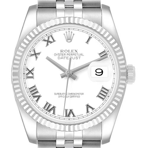 The Rolex Datejust 116234 Men's Stainless Steel White Dial watch is shown from the front, highlighting the dial, bezel, date window, and part of the bracelet.