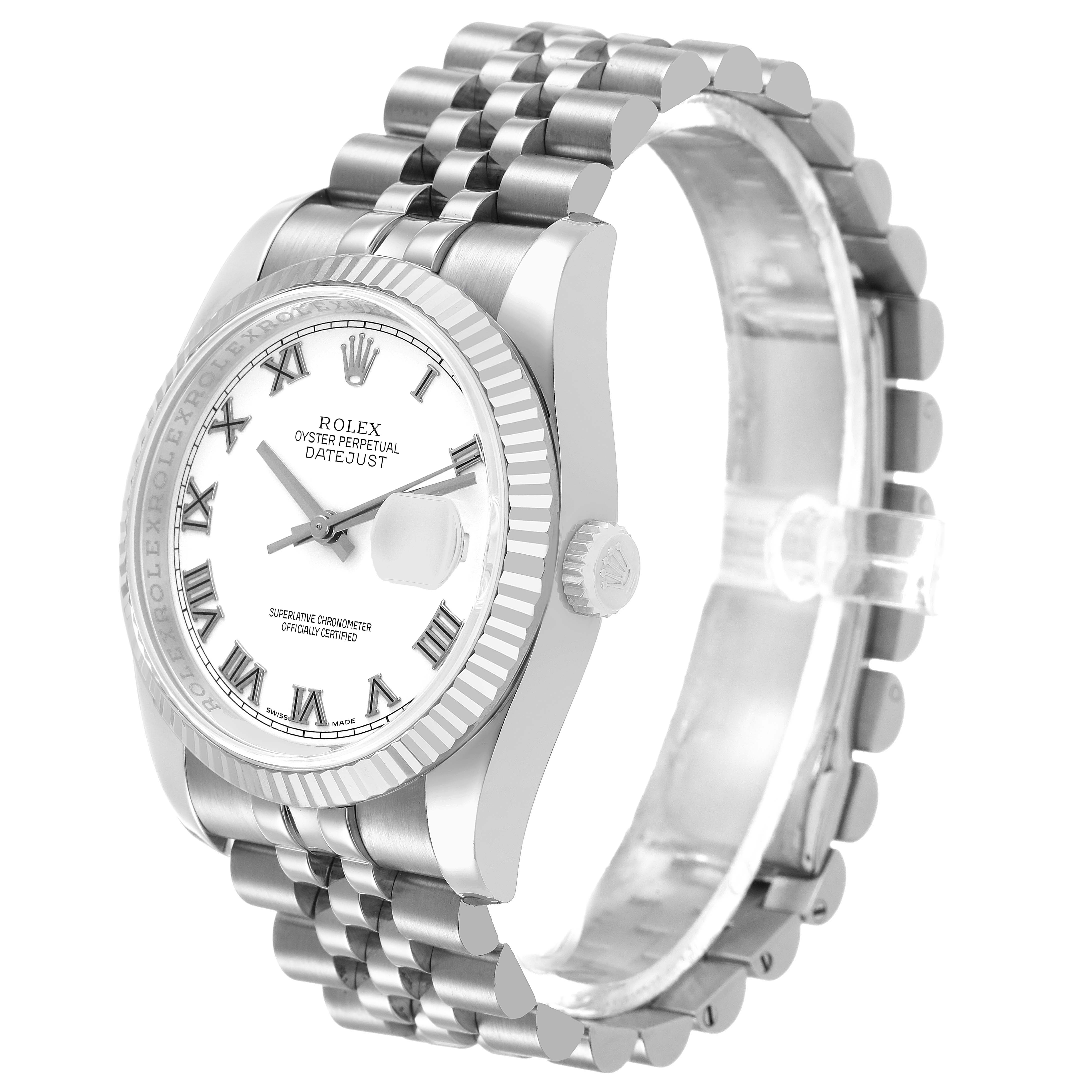 The Rolex Datejust 116234 Men's Stainless Steel White Dial watch is shown at a three-quarter angle, highlighting the face, bezel, and bracelet.