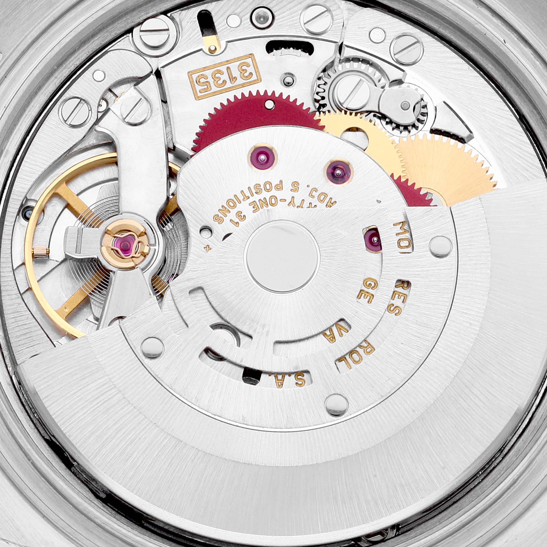 This image shows a close-up view of the movement of a Rolex Datejust 16233 Men's Steel and Gold (two tone) Black Dial 16233 Men's Steel and Gold (two tone) Black Dial watch, highlighting its gears and mechanisms.