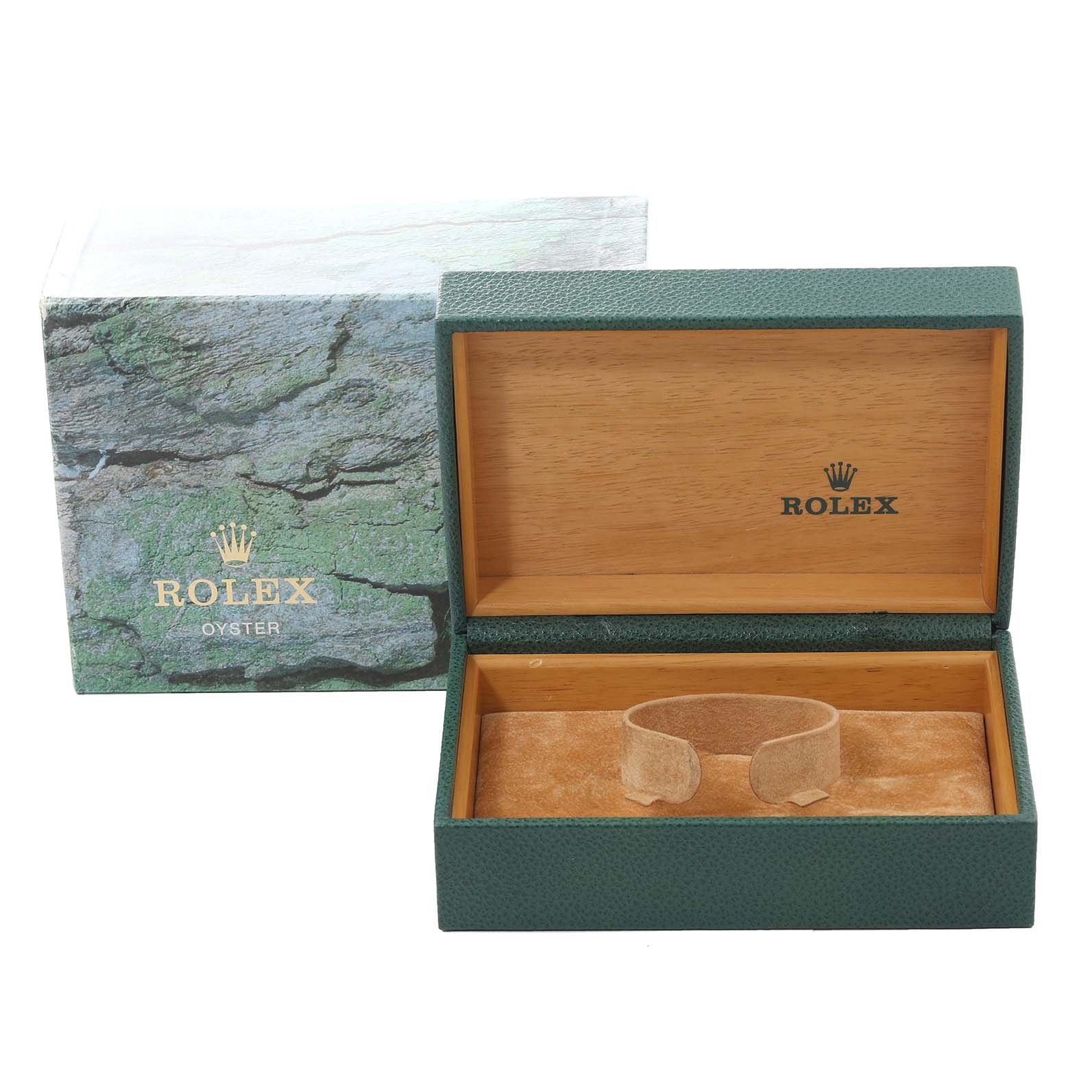 The image shows a green Rolex Datejust 16233 Men's Steel and Gold (two tone) Black Dial 16233 Men's Steel and Gold (two tone) Black Dial box, open to reveal the interior wooden lining and watch cushion.