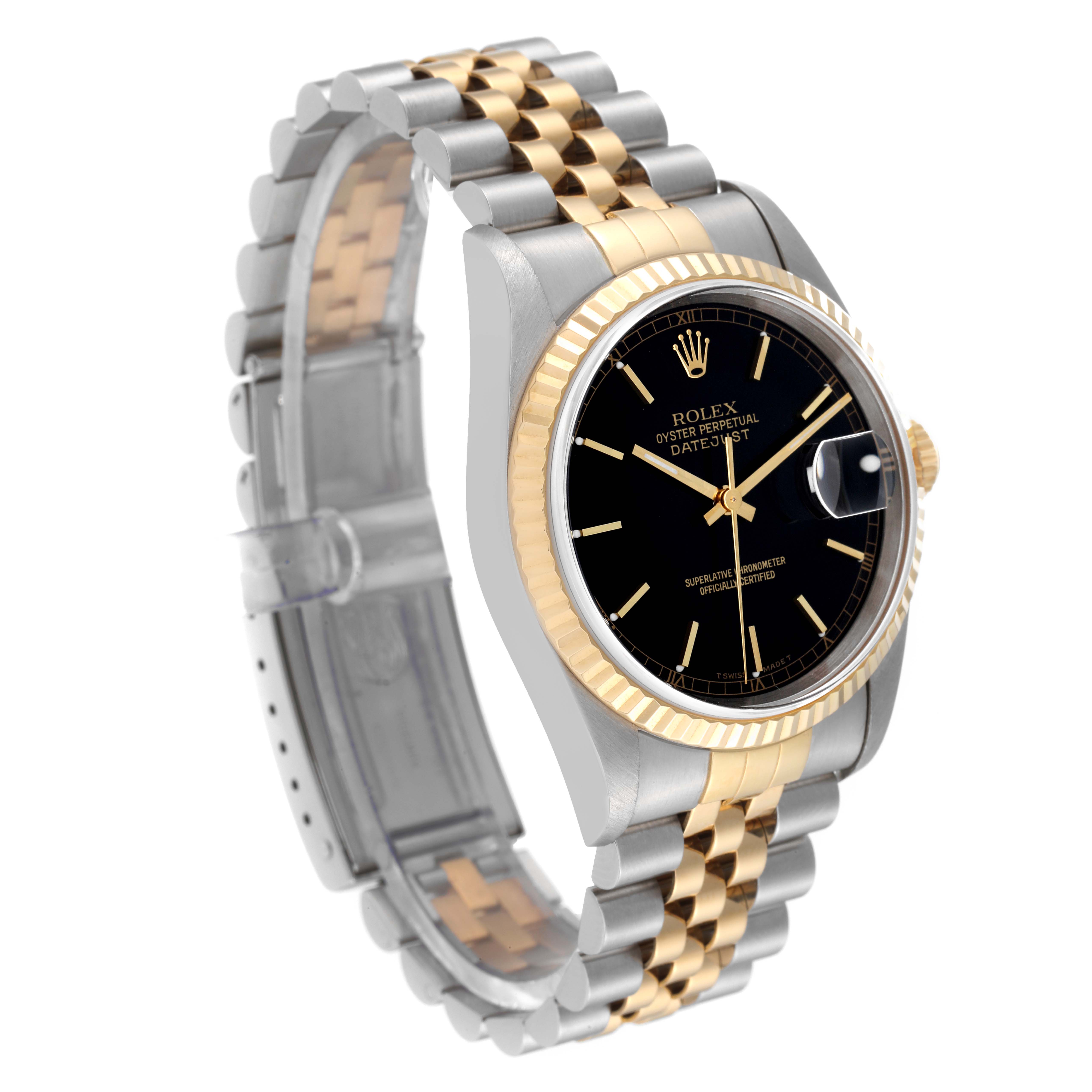 This image shows a Rolex Datejust 16233 Men's Steel and Gold (two tone) Black Dial 16233 Men's Steel and Gold (two tone) Black Dial watch at an angled side view, highlighting its two-tone bracelet and black dial.