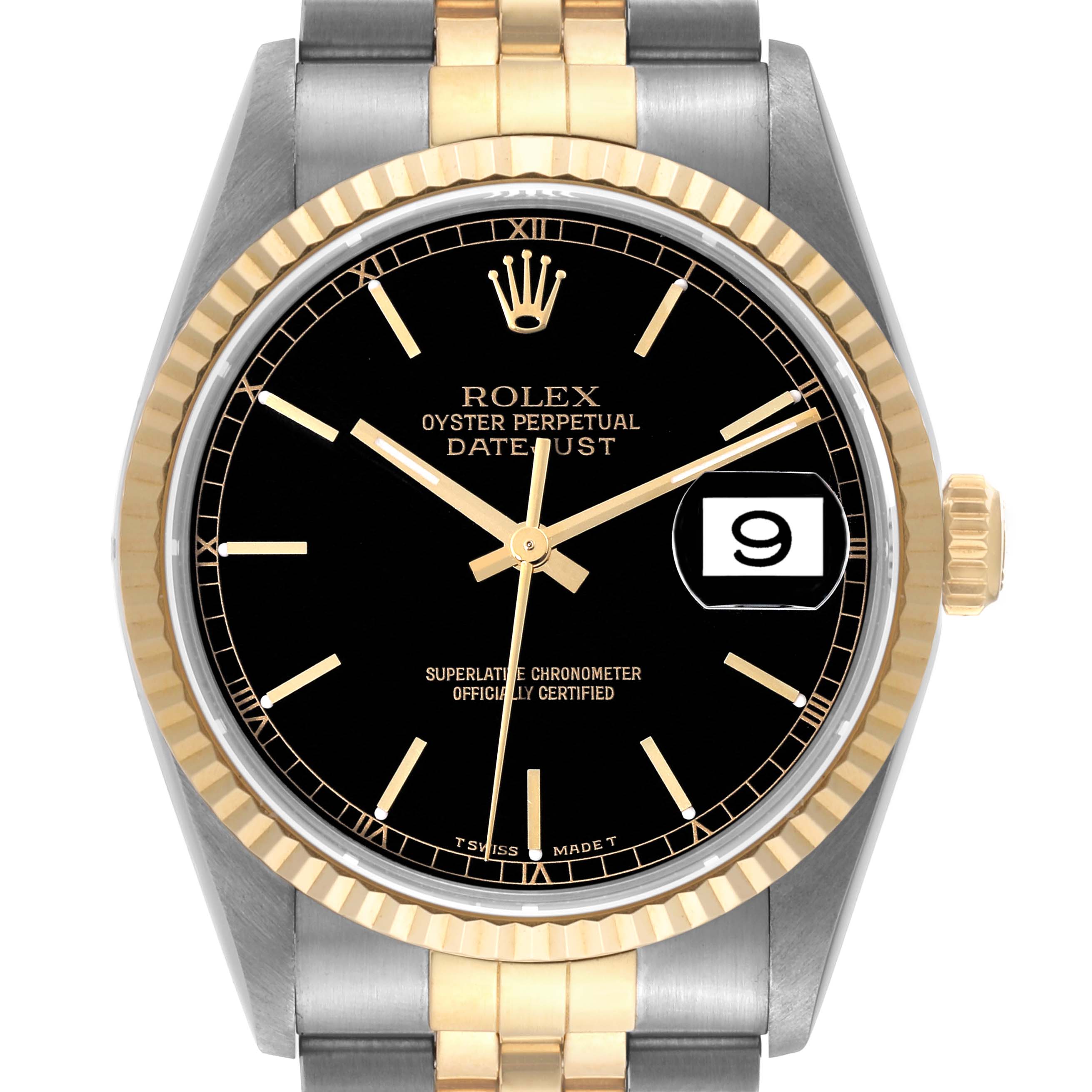 The image shows a front view of a Rolex Datejust 16233 Men's Steel and Gold (two tone) Black Dial 16233 Men's Steel and Gold (two tone) Black Dial watch, highlighting its black dial, date window, and two-tone band.