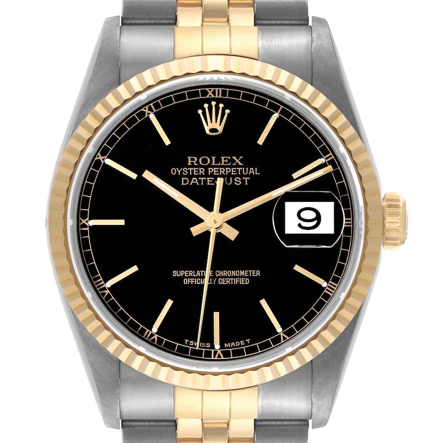 Rolex Datejust Steel Yellow Gold Black Dial Mens Watch 16233 SwissWatchExpo