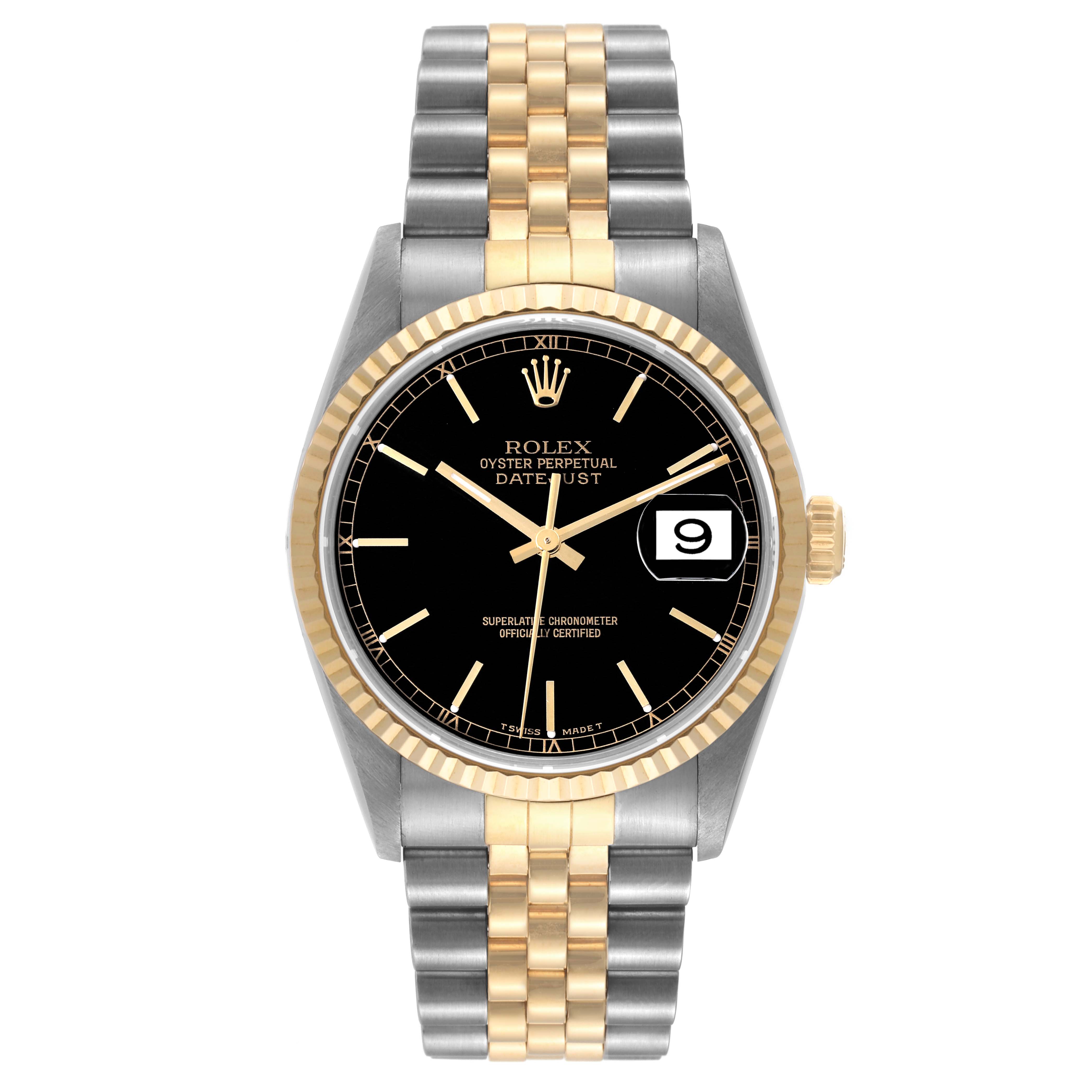 The image shows a front view of a Rolex Datejust 16233 Men's Steel and Gold (two tone) Black Dial 16233 Men's Steel and Gold (two tone) Black Dial watch, displaying its dial, bezel, and two-tone bracelet.