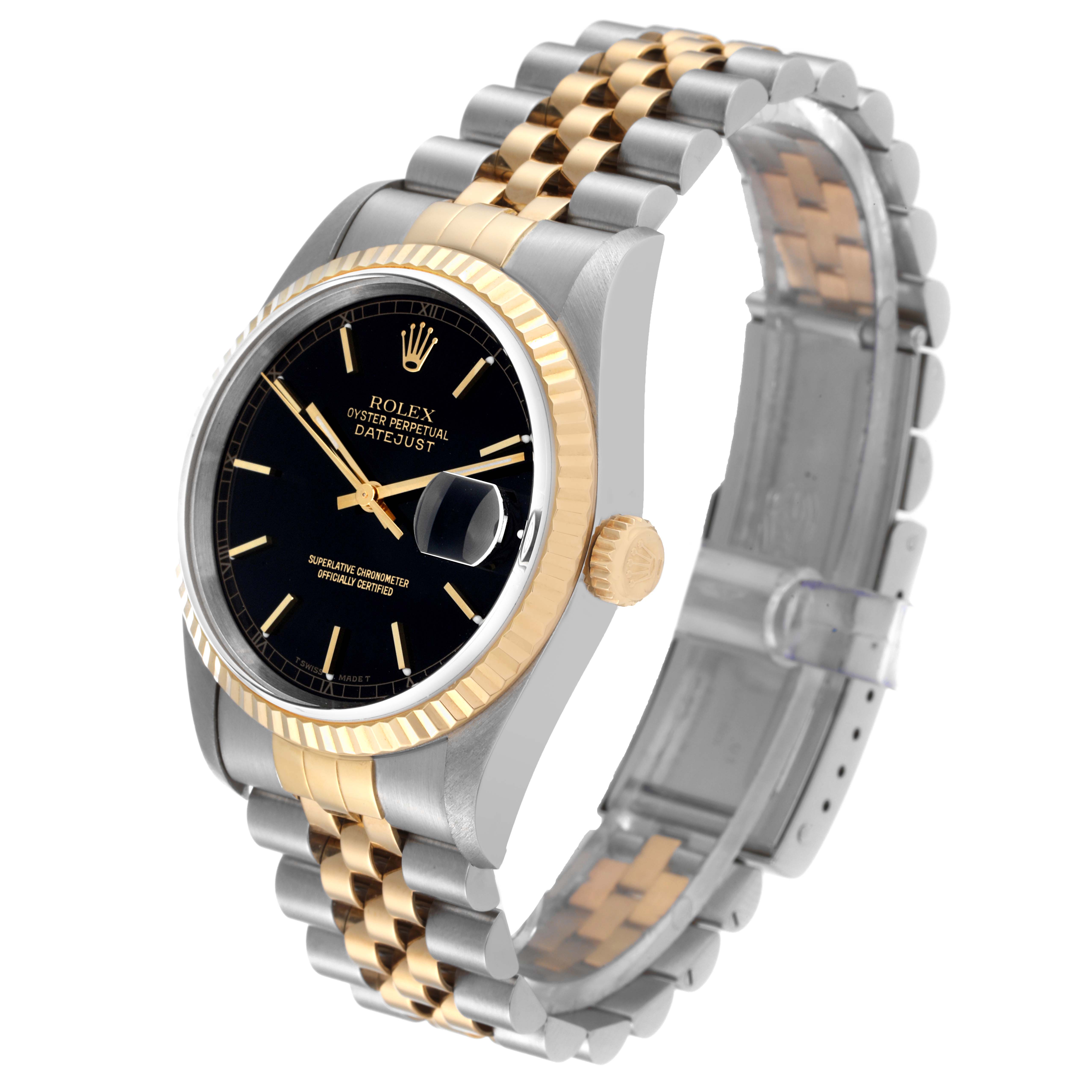 The image shows a Rolex Datejust 16233 Men's Steel and Gold (two tone) Black Dial 16233 Men's Steel and Gold (two tone) Black Dial watch at an angled view, highlighting the dial, bezel, crown, and two-tone bracelet.